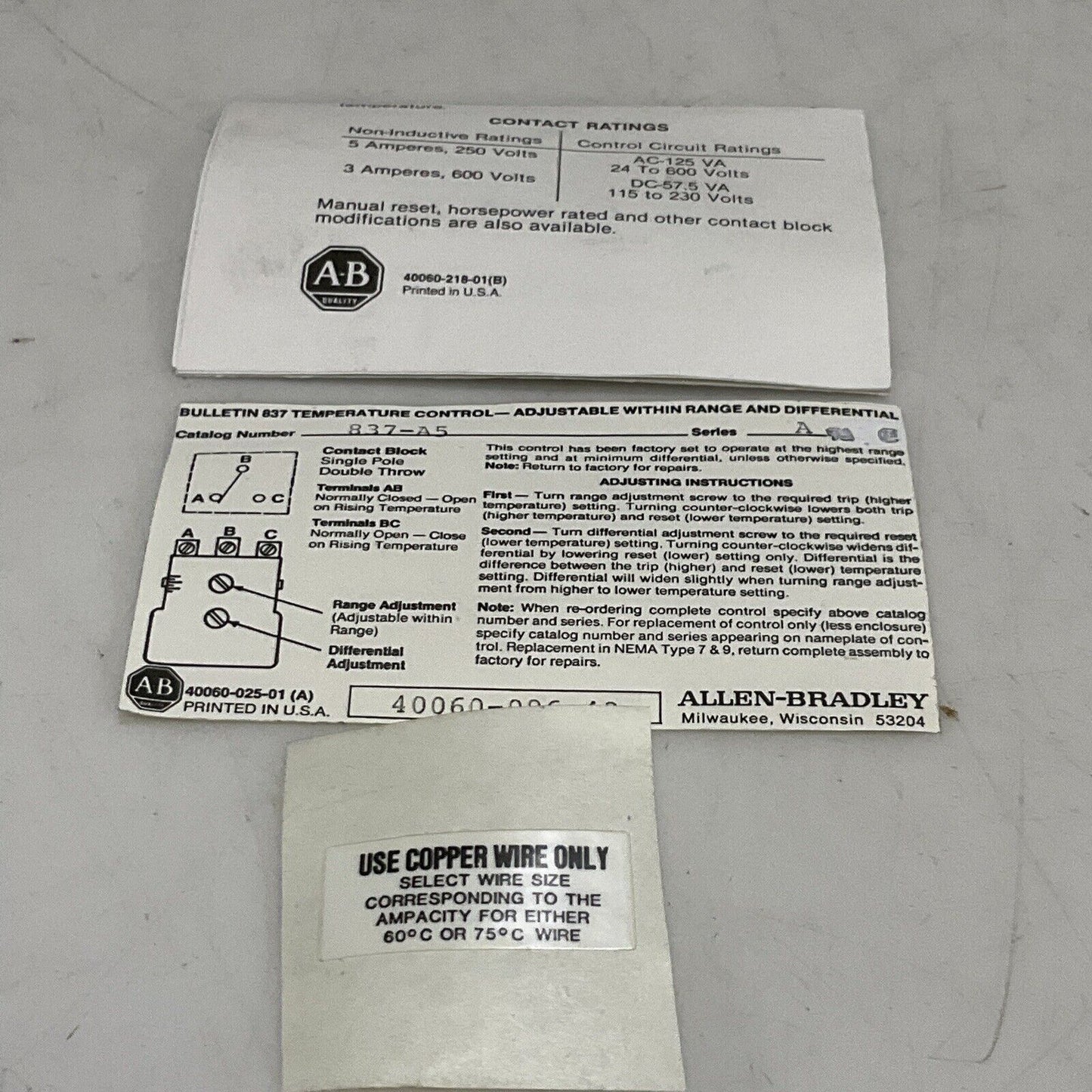 ALLEN BRADLEY 837-A5 TEMPERATURE CONTROL 130-200 DEGREE F 373