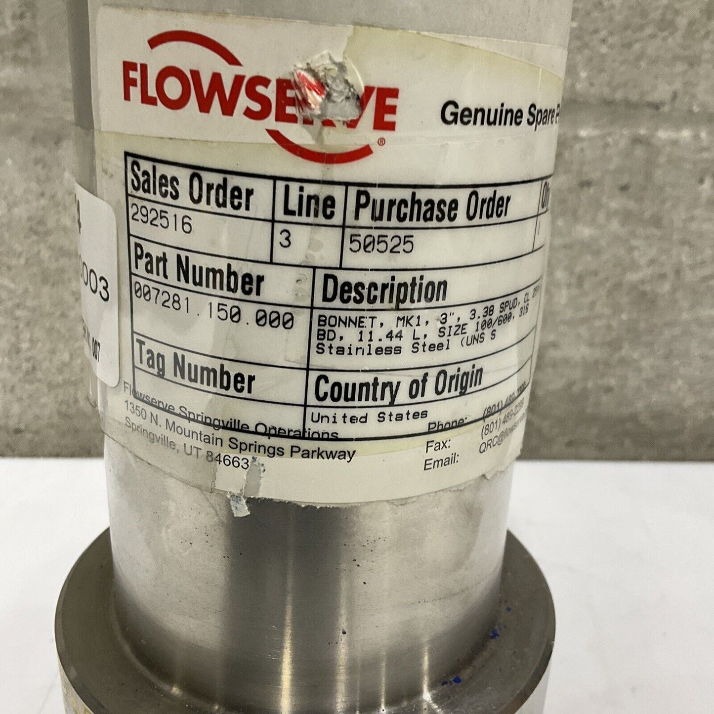FLOWSERVE 007281.150.000 BONNET MK1 3” 3.38 SPUD CL 2500 11.44L 100/600 373