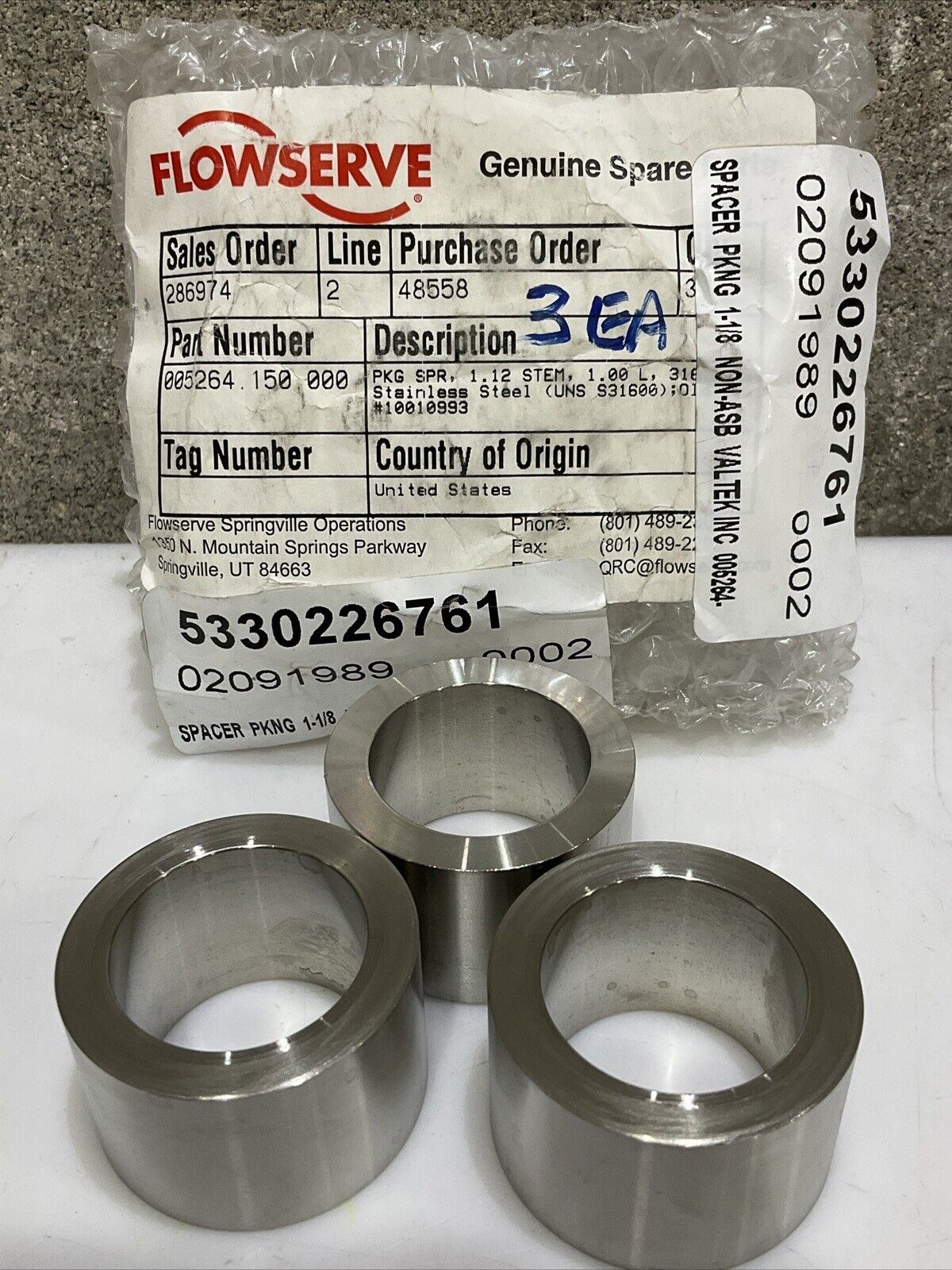 FLOWSERVE 005264-150-000 SPACER PACKING 1.12 STEM 1 L 316SS LOT OF 3 373