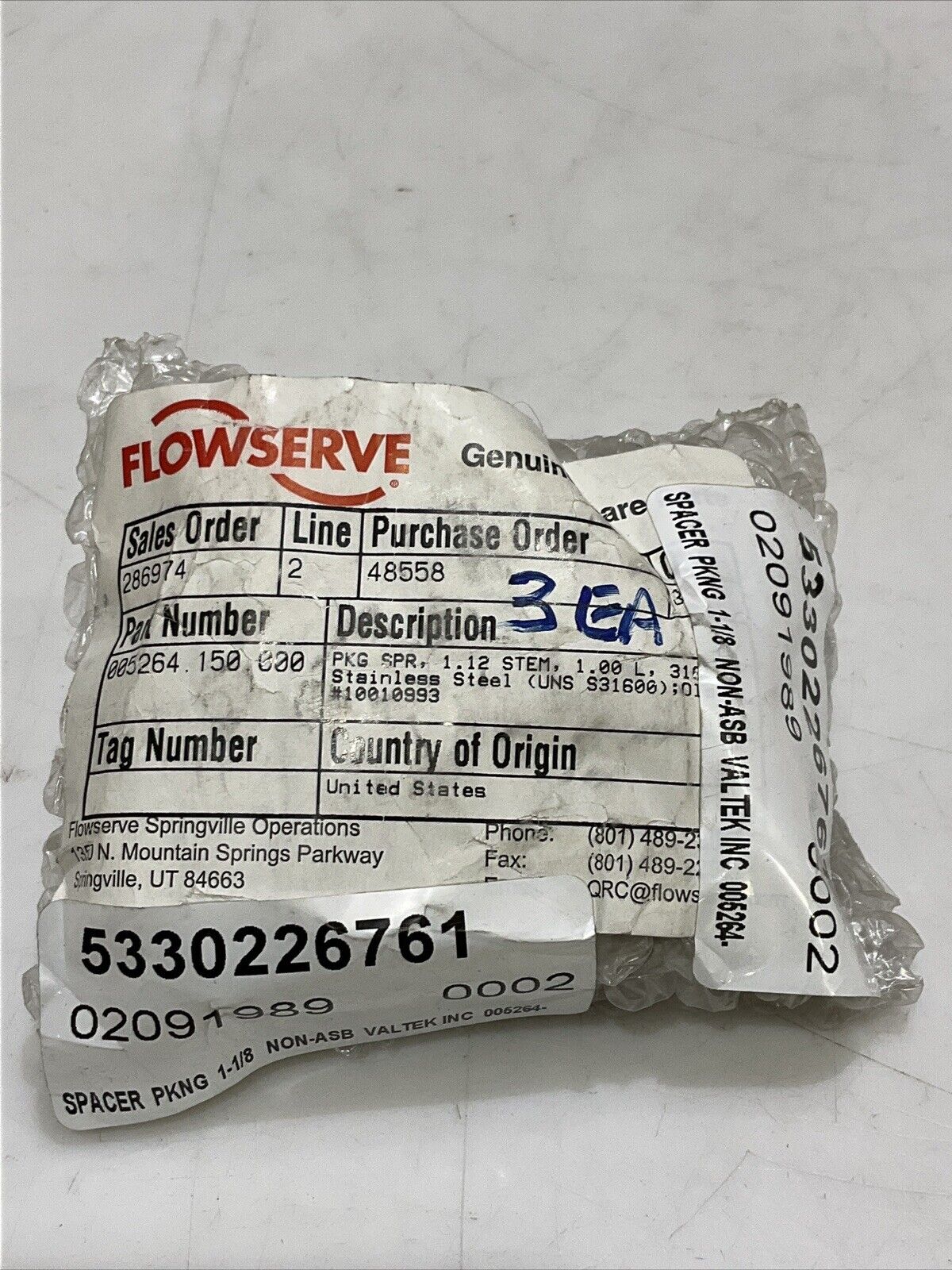 FLOWSERVE 005264-150-000 SPACER PACKING 1.12 STEM 1 L 316SS LOT OF 3 373