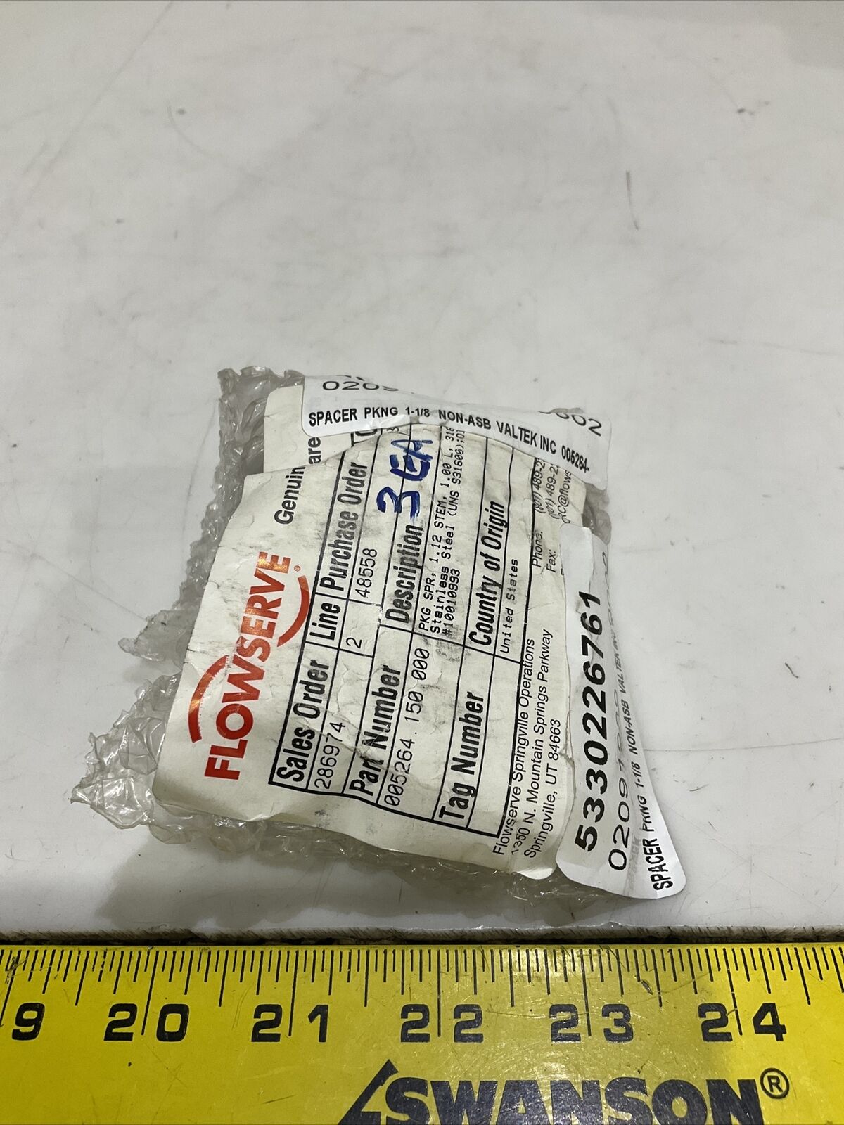FLOWSERVE 005264-150-000 SPACER PACKING 1.12 STEM 1 L 316SS LOT OF 3 373