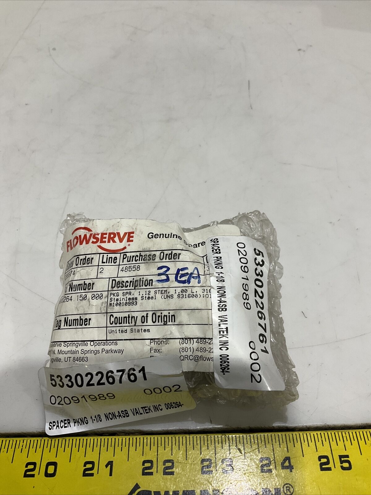 FLOWSERVE 005264-150-000 SPACER PACKING 1.12 STEM 1 L 316SS LOT OF 3 373