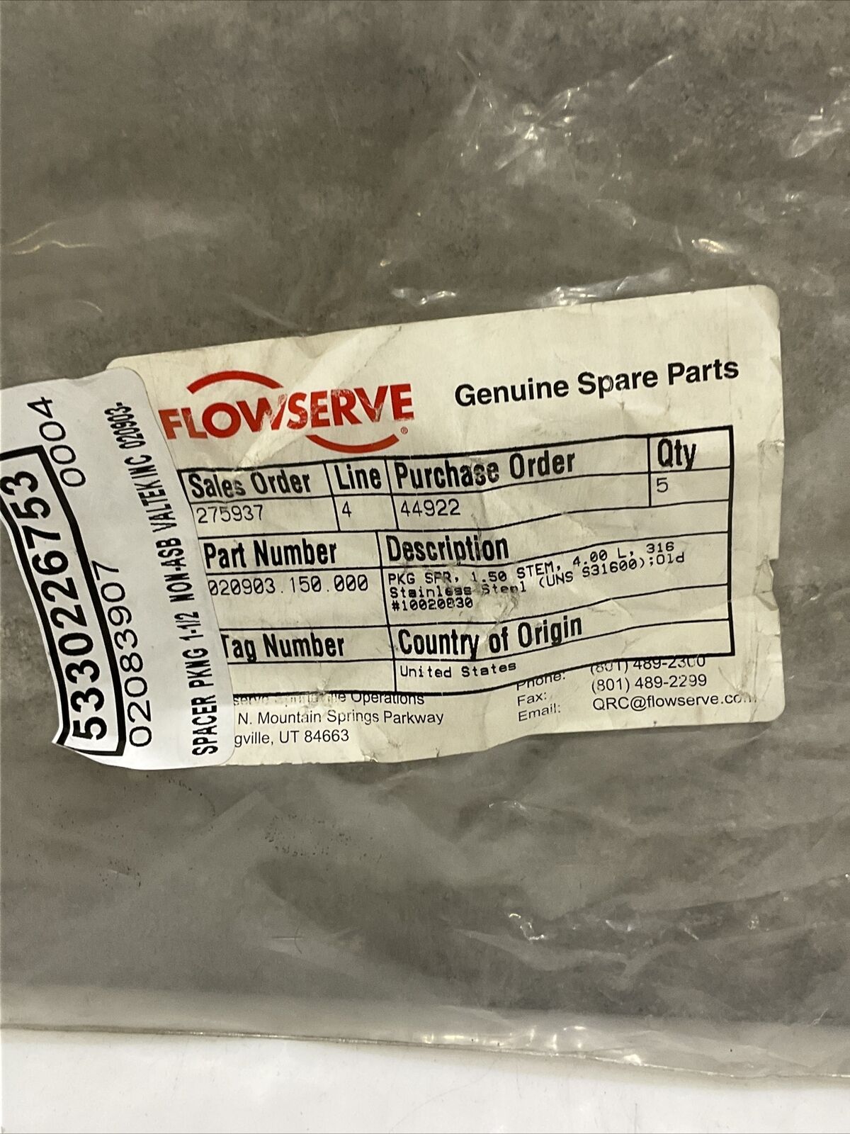 FLOWSERVE 0020903-150-000 SPACER PACKAGING 1.50 STEM 4L 316 SS LOT OF 3 373