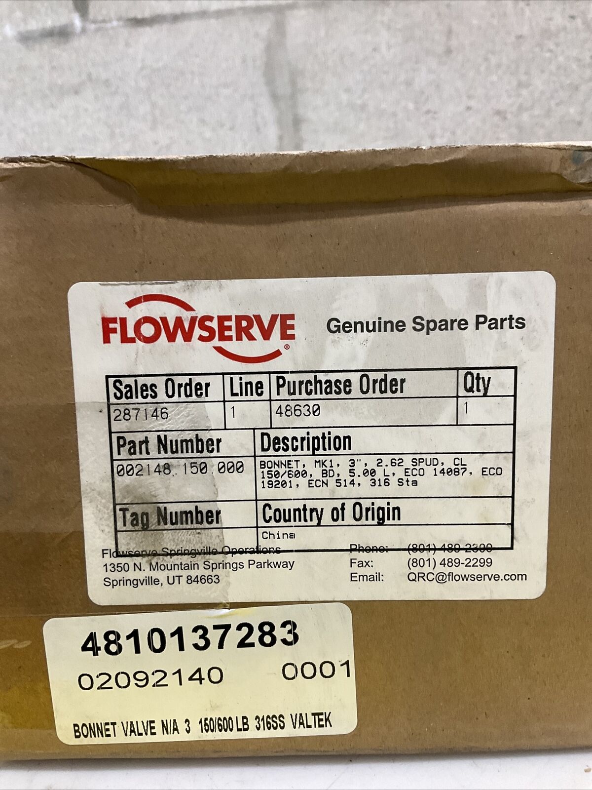 FLOWSERVE 002148-150-000 BONNET MK1 3” 2.62 SPUD CL 150/600 ECO 14087 373