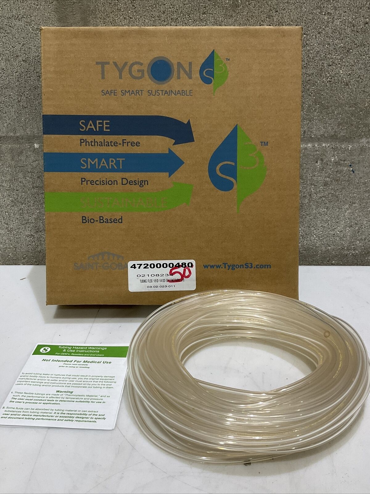 TYGON 89403-854 FLEX TUBING 1/8”ID 1/4”OD 1/16”WT 50FT 373