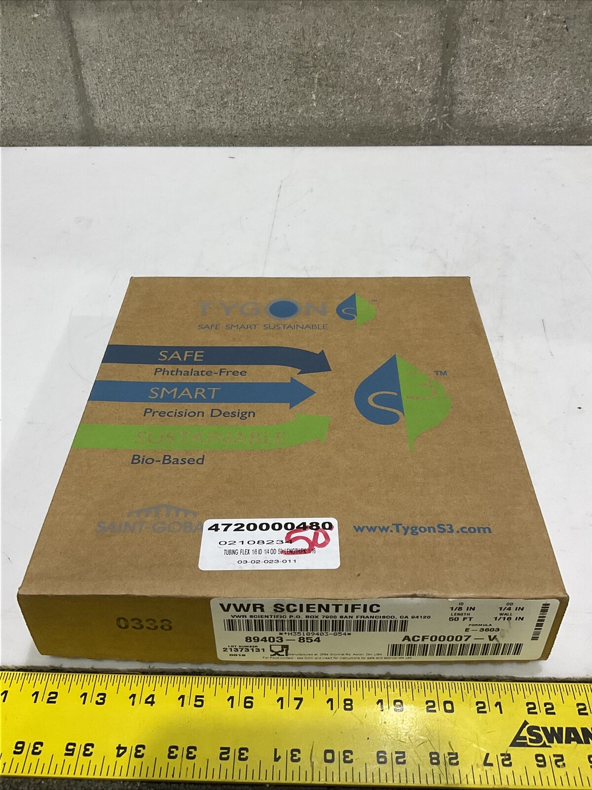 TYGON 89403-854 FLEX TUBING 1/8”ID 1/4”OD 1/16”WT 50FT 373