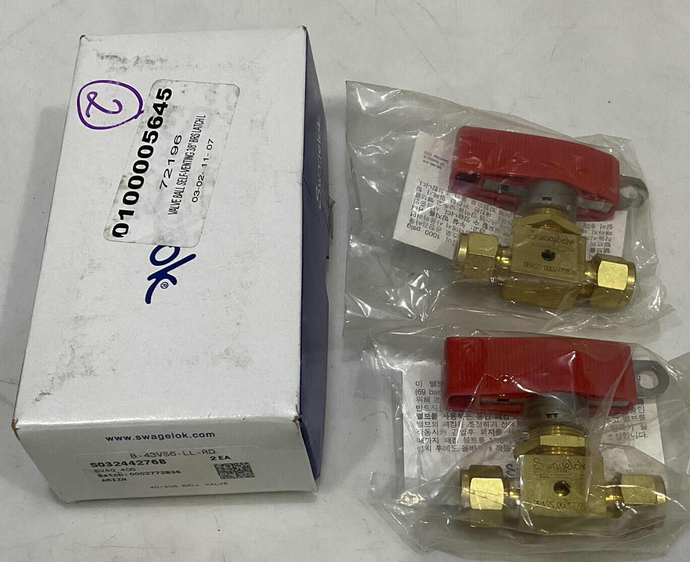 SWAGELOK B-43VS6-LL-RD BALL VALVE LOT OF 2 373