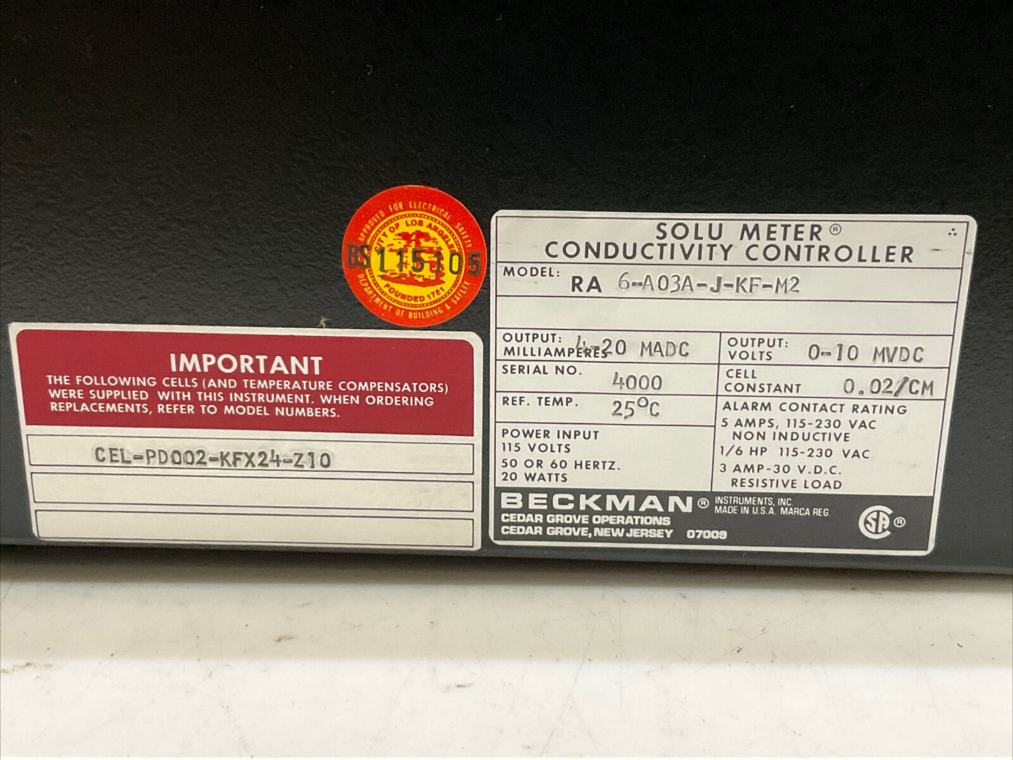BECKMAN RA-6 RA6-A03A-J-KF-M2 SOLU METER CONDUCTIVITY CONTROLLER 373
