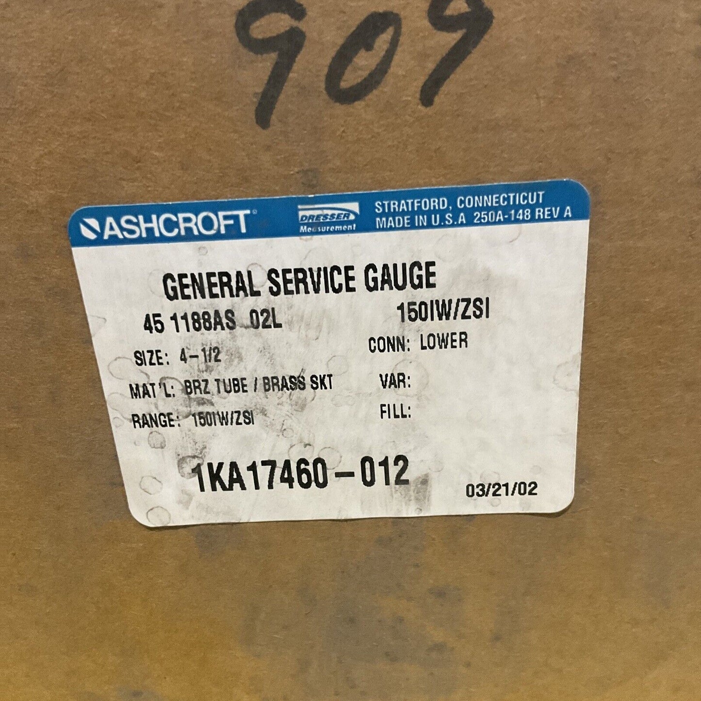 ASHCROFT 1KA17460-012 45 118AS 02L BELLOWS GAUGE 4-1/2 150/W/ZSI 373