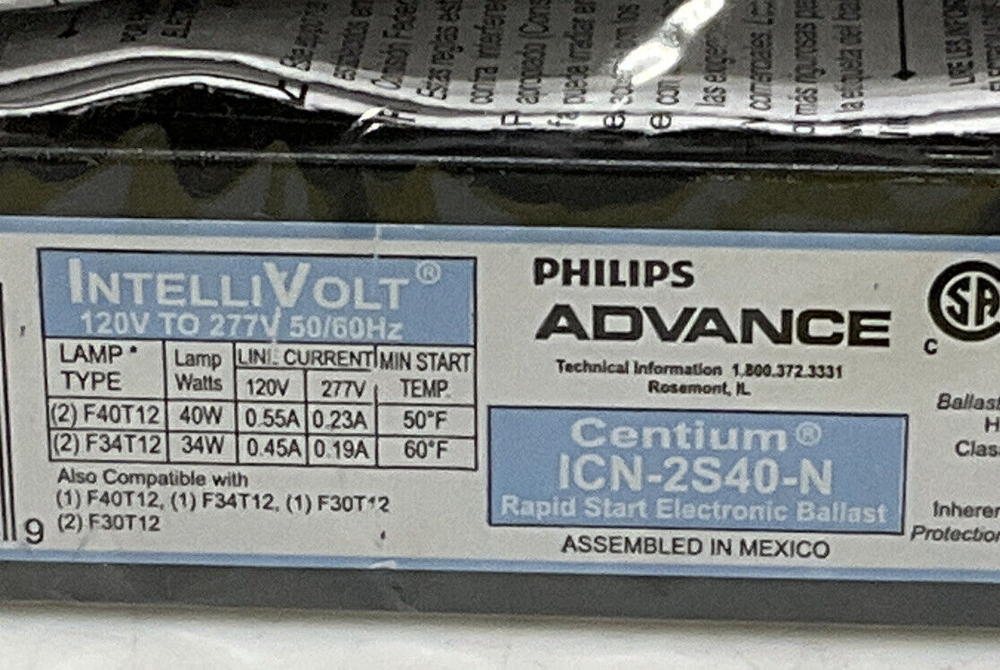 PHILIPS ADVANCE ICN-2S40-N CENTIUM RAPID START BALAST 120V 50/60HZ 373