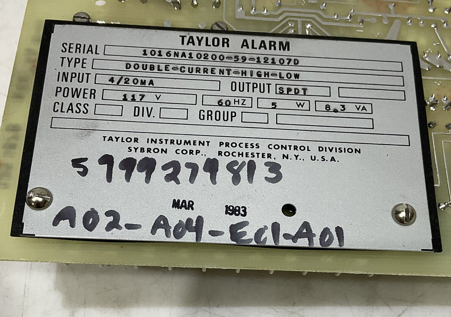 TAYLOR ALARM 125S878 REV A DOUBLE CURRENT HIGH/LOW 373
