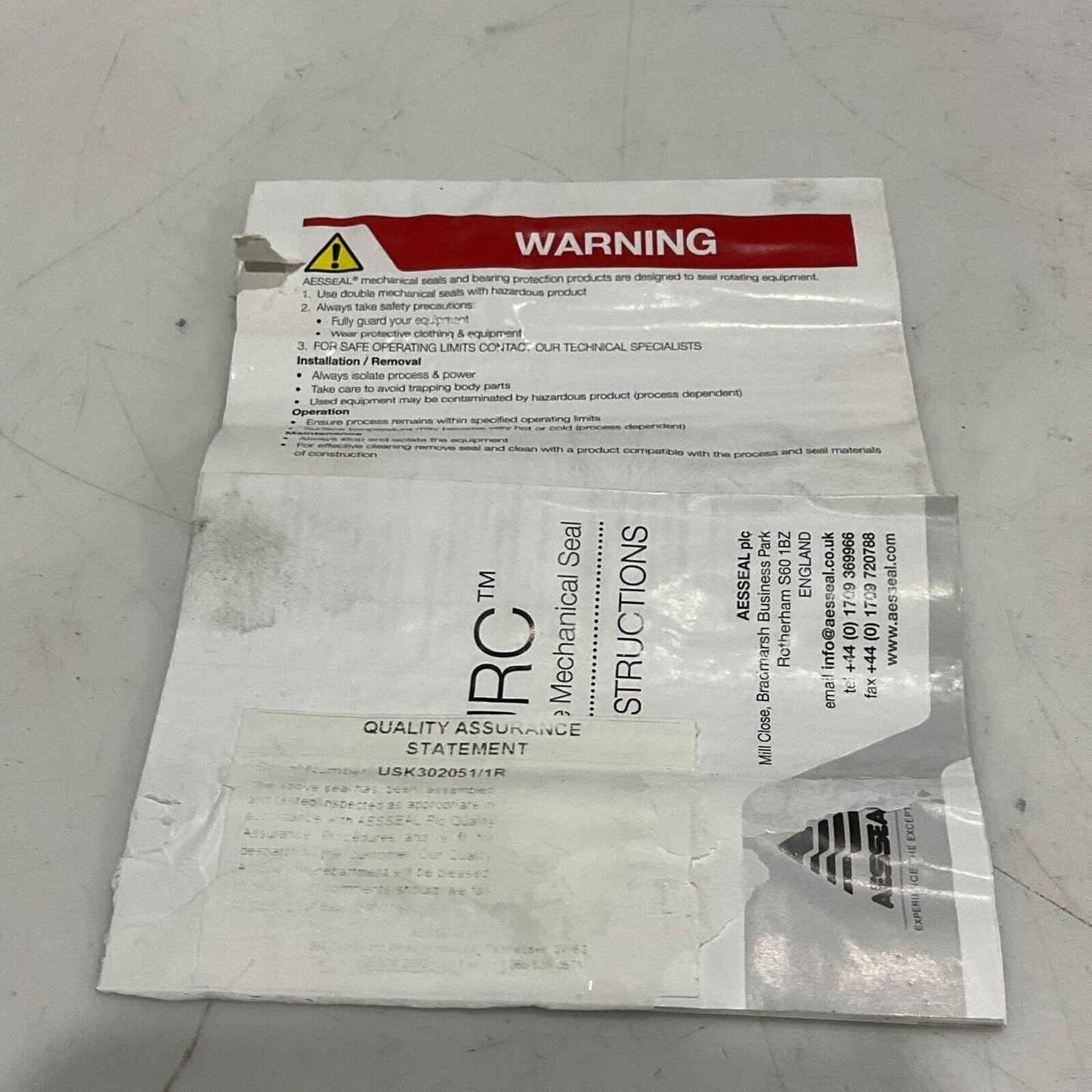 AES SEAL USK306451/1K ABTS34V01 CARTRIDGE SEAL W STATIONARY RADIALLY CLIPPED 373