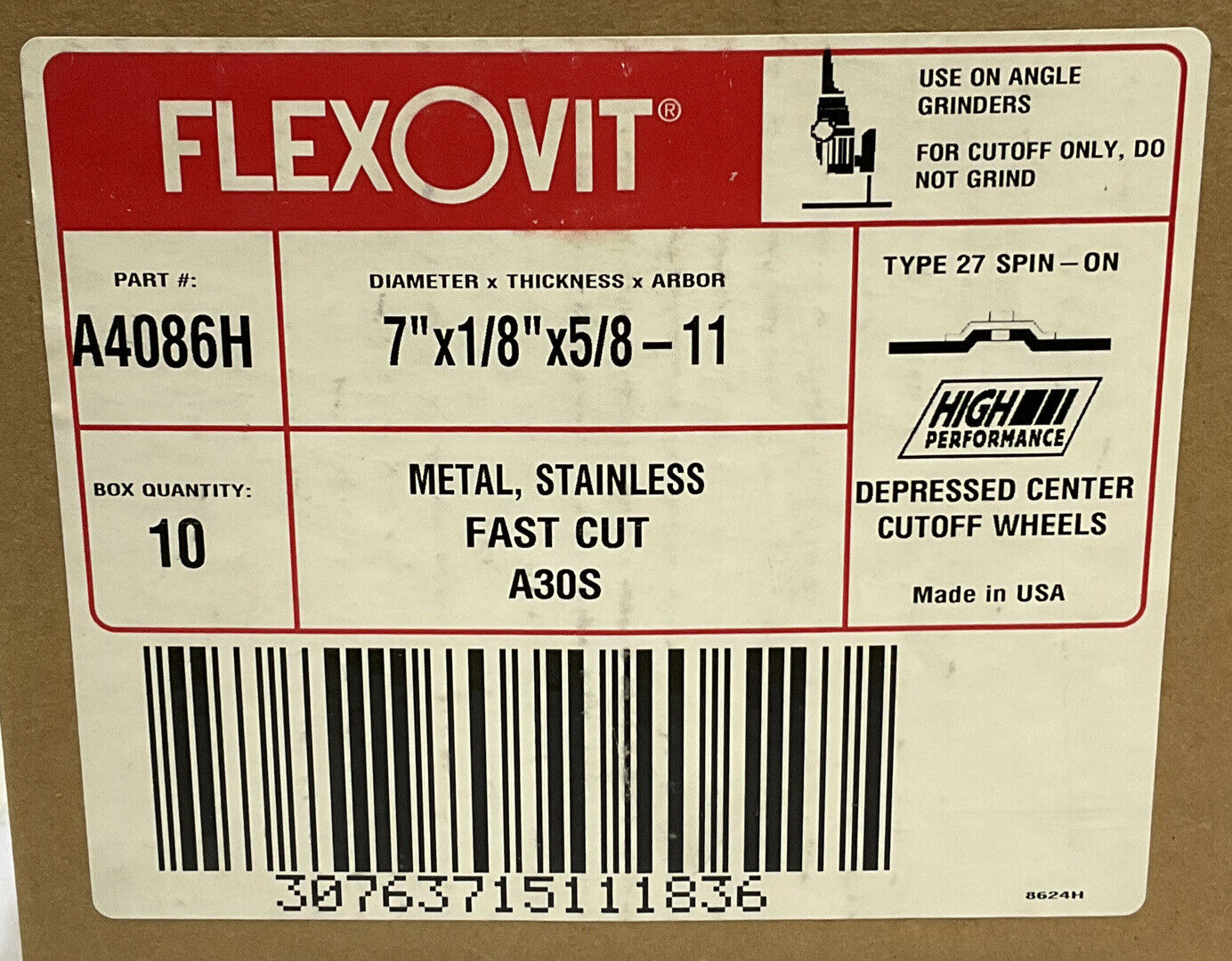 FLEXOVIT A4086H DEPRESSED CENTER CUTOFF WHEELS LOT OF 10 A3-S LOT OF 20 373