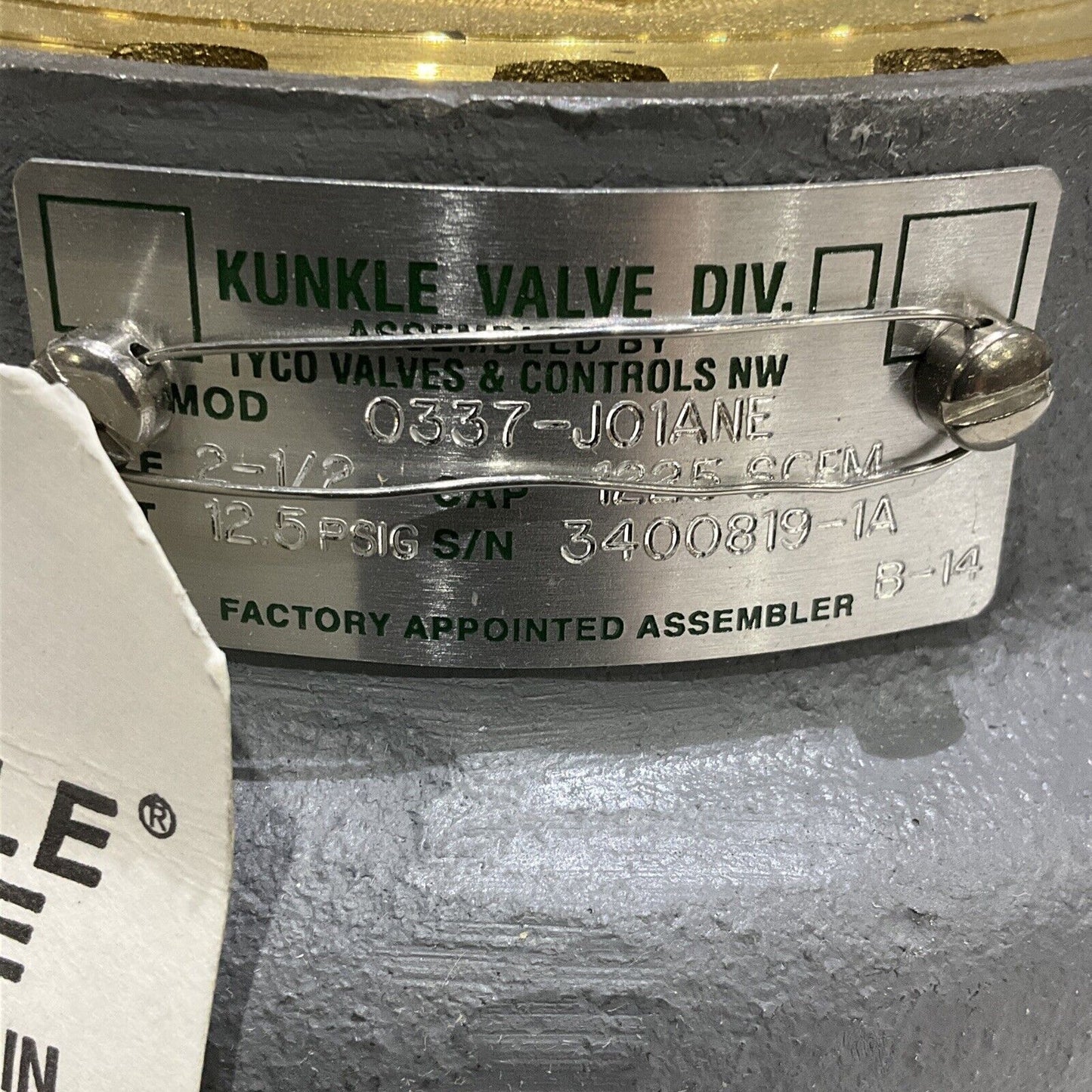 KUNKLE VALVE 0337-J01ANE 0012.5 SAFETY SET RELIEF VALVE 12.5 PSIG 2-1/2 373