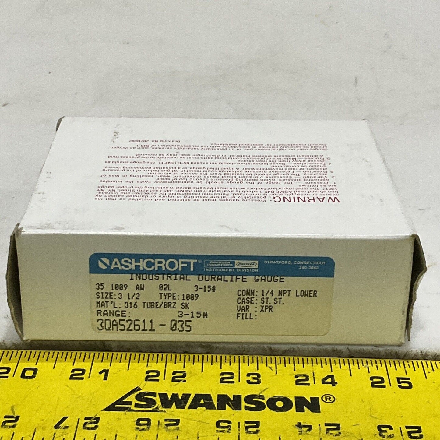 ASHCROFT 3QA52611-035 INDUSTRIAL DURALIFE GAUGE 3 1/2” TYPE 1009 3-15 LB 373