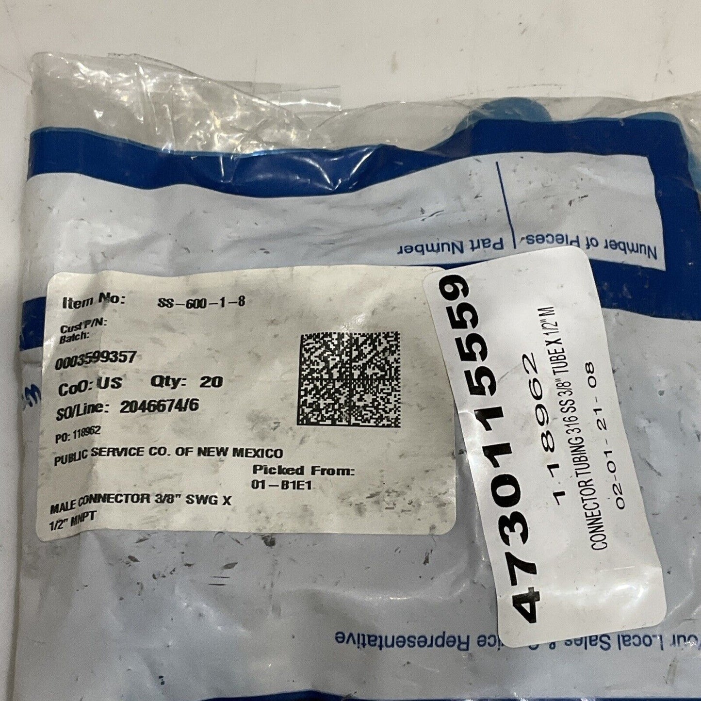 SWAGELOK SS-600-1-8 MALE CONNECTOR 3/8” SWG X 1/2” MNPT LOT OF 10 373