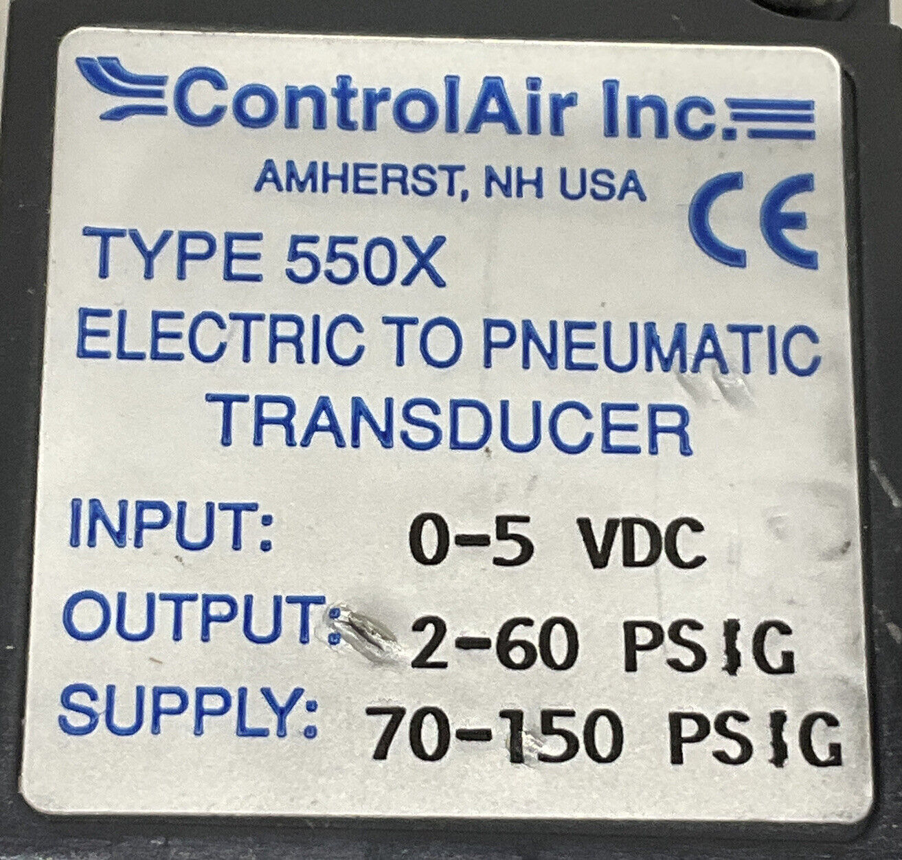 CONTROLAIR 550X 0-5VDC 2-60 PSIG ELECTRIC TO PNEUMATIC TRANSDUCER 373