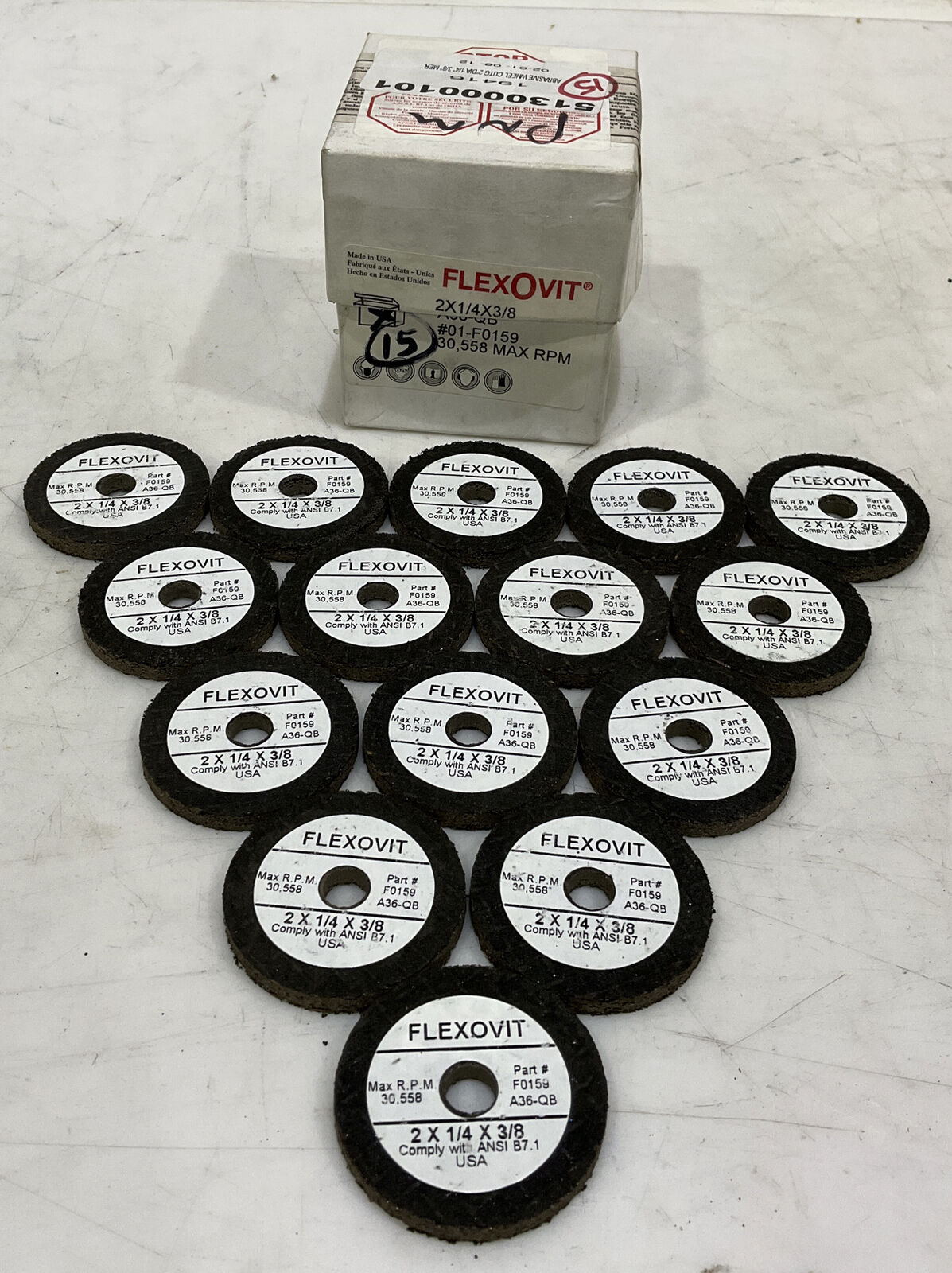 FLEXOVIT 2X1/4X3/8 A36-QB ABRASIVE CUTTING WHEEL LOT OF 15 373