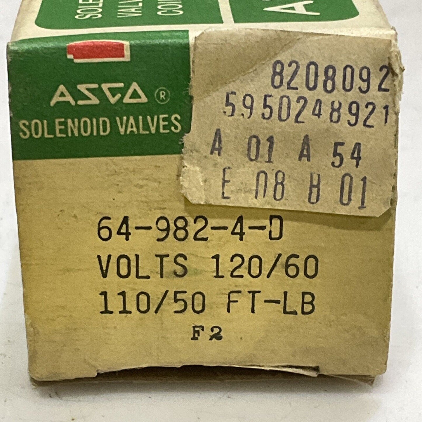 ASCO 64-982-4-D SOLENOID VALVE COIL VOLTS 120/60 110/50 FT-LB LOT OF 2 373