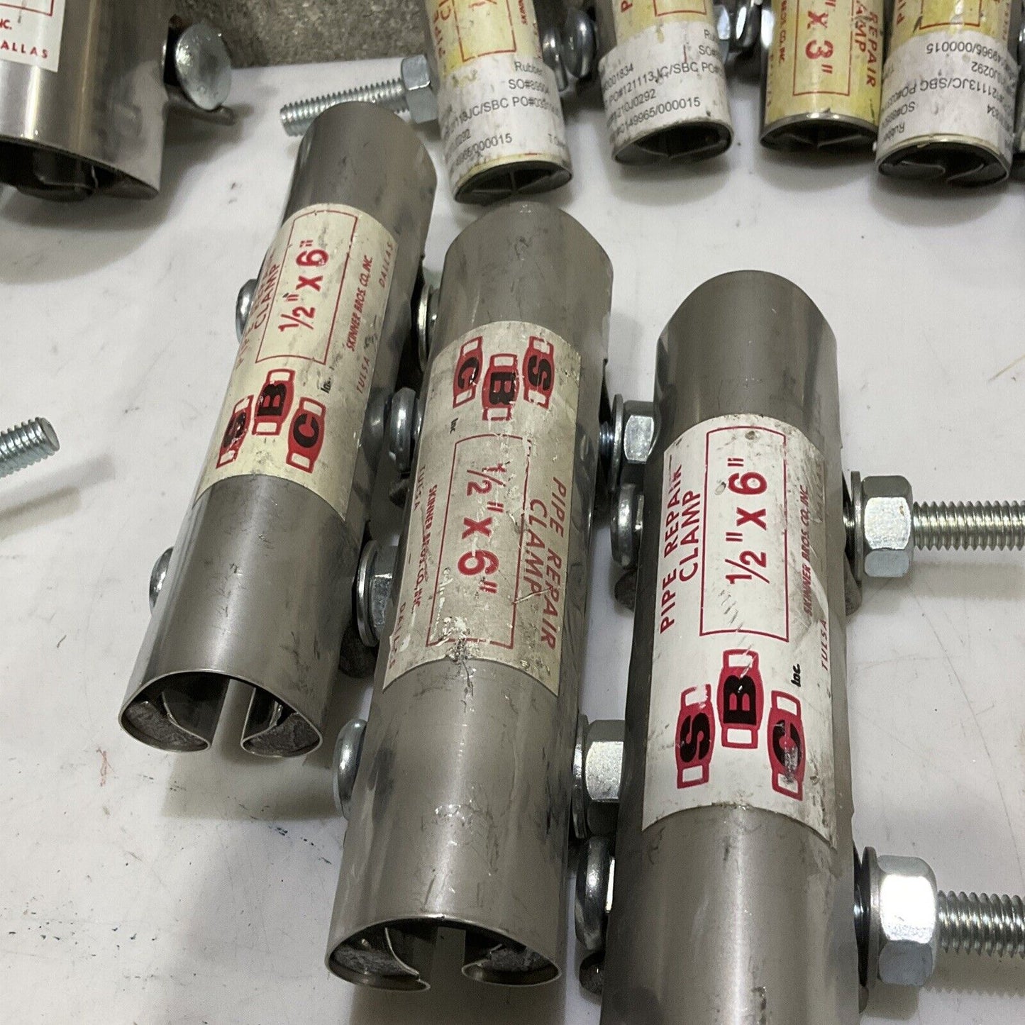 SBC PIPE CLAMP 3/4” X 6, 1 1/2 X 6, 1/2 X 3, 1/2 X 6, 1/12” X 3 LOT OF 15 373