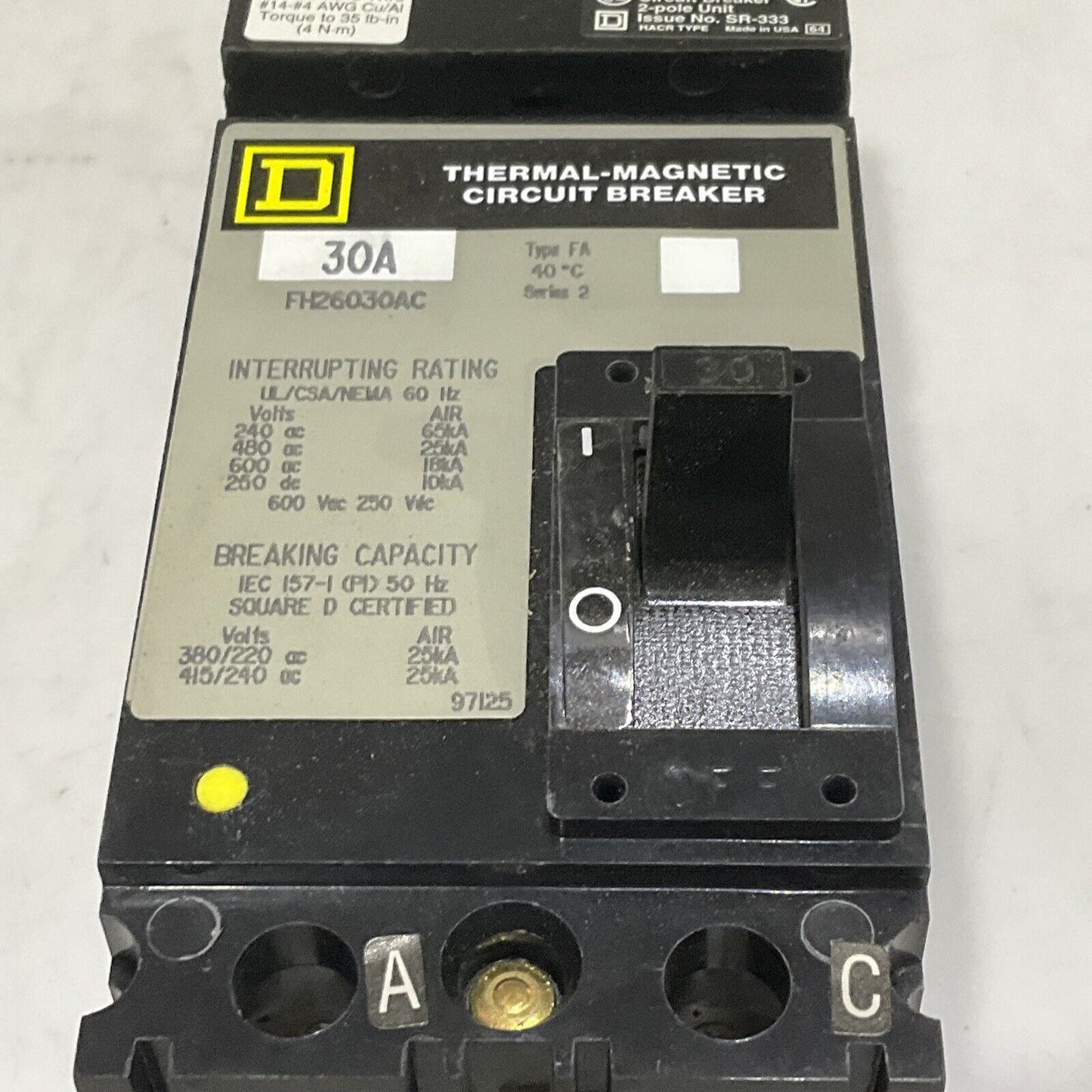 SQUARE D FH26030AC THERMAL-MAGNETIC CIRCUIT BREAKER 600V 50/60HZ 250VDC 373