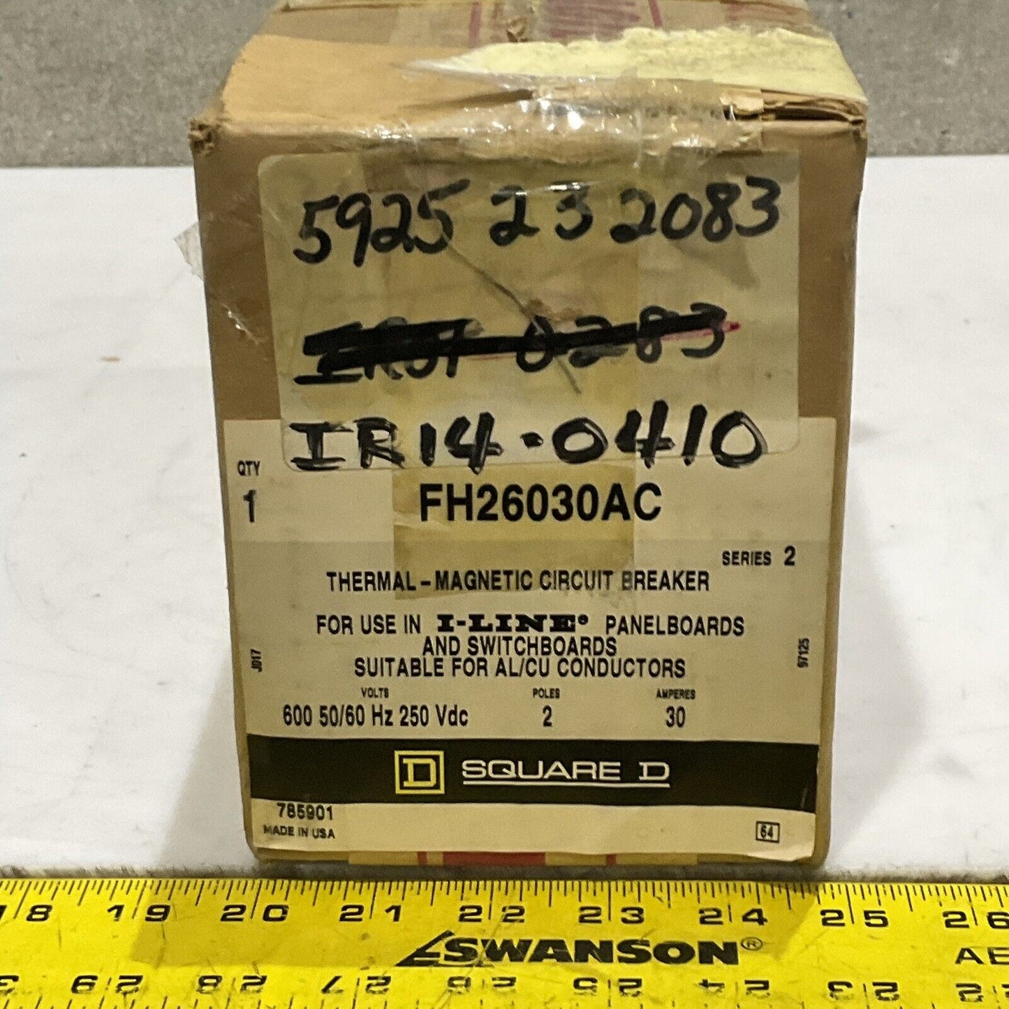 SQUARE D FH26030AC THERMAL-MAGNETIC CIRCUIT BREAKER 600V 50/60HZ 250VDC 373