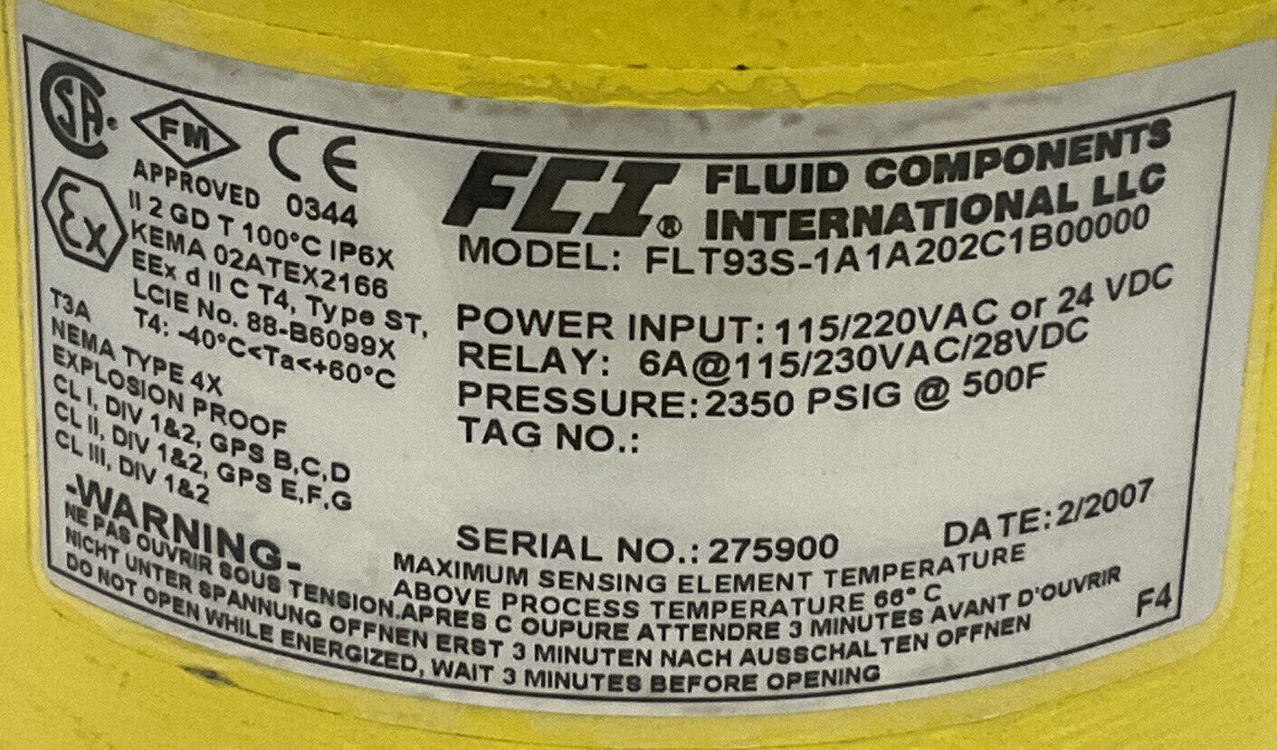 FLUID COMPONENTS INTERNATIONAL FLT93S-1A1A202C1B00000 FLOW SWITCH 373