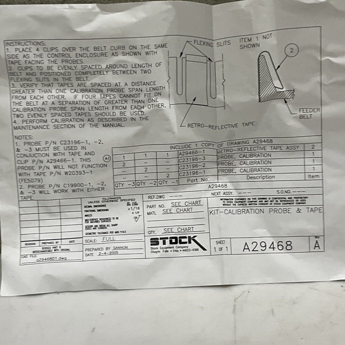 STOCK EQUIPMENT V379486.B01 A29468 CALIBRATION PROBE & TAPE KIT 373