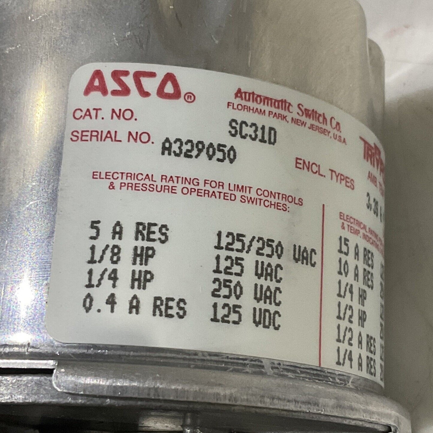 ASCO SC31D A329050 TRI POINT AUTOMATIC SWITCH 125/250 VAC 373