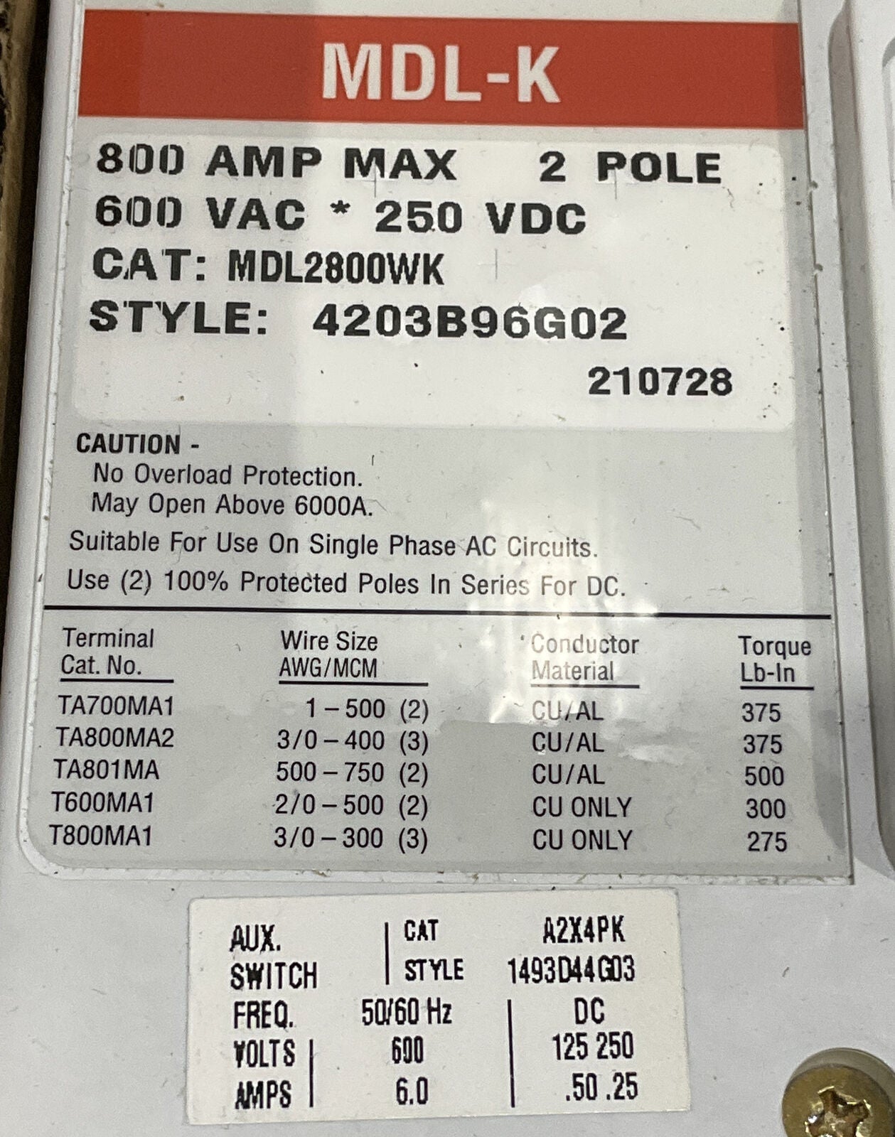 EATON MDL2800WK SERIES C MOLDED CASE SWITCH ASSEMBLY 800A 250VDC 969