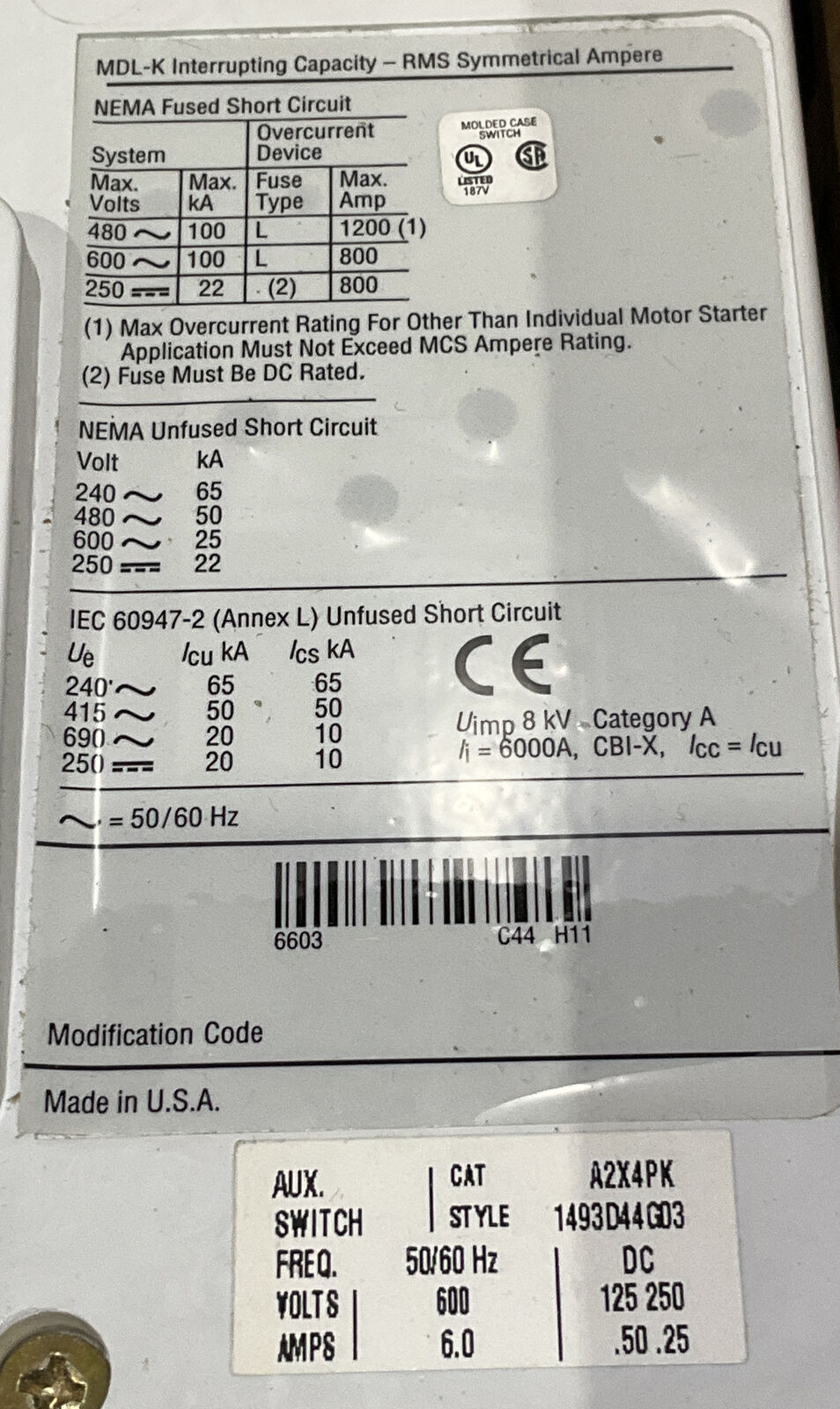 EATON MDL2800WK SERIES C MOLDED CASE SWITCH ASSEMBLY 800A 250VDC 969