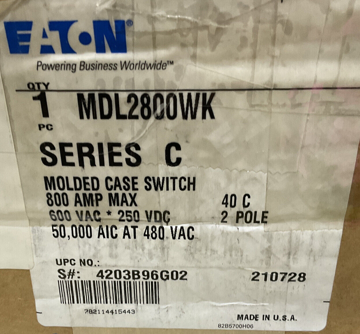 EATON MDL2800WK SERIES C MOLDED CASE SWITCH ASSEMBLY 800A 250VDC 969