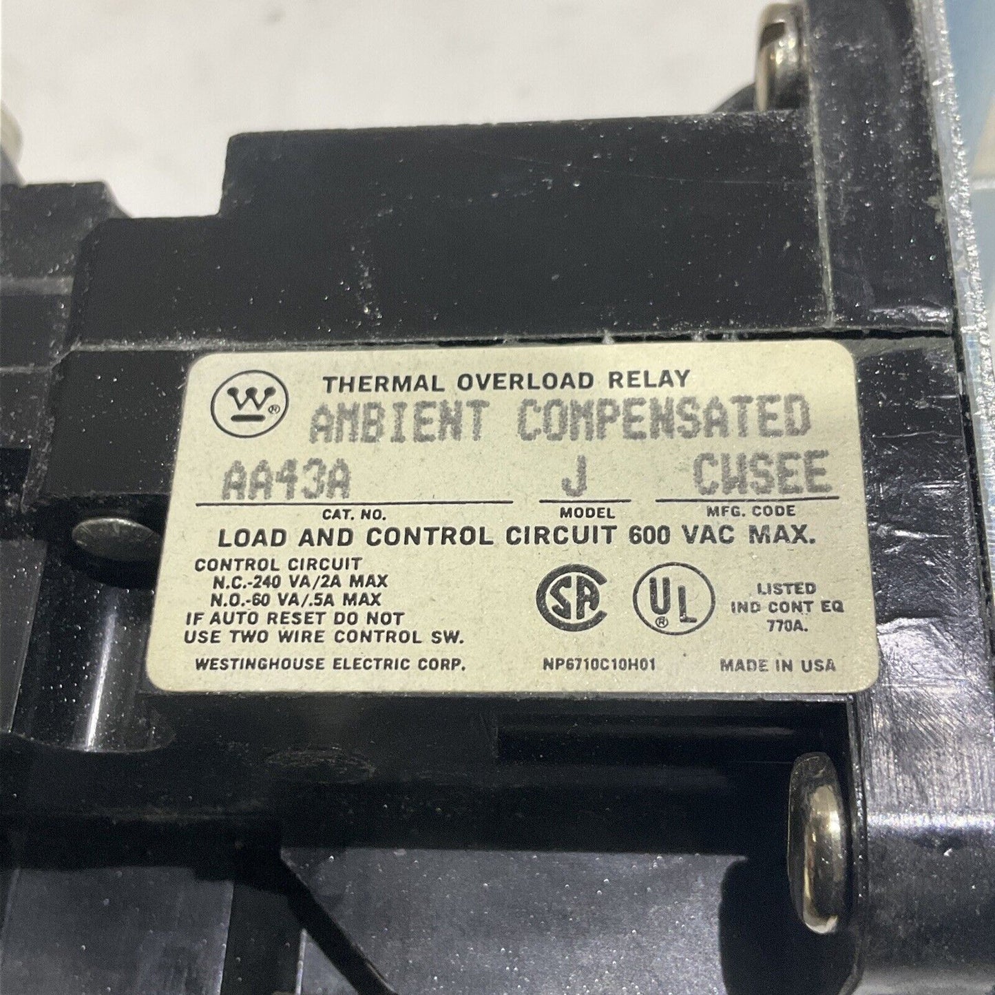 WESTINGHOUSE AA43A AMBIENT COMPENSATED THERMAL OVERLOAD RELAY 373