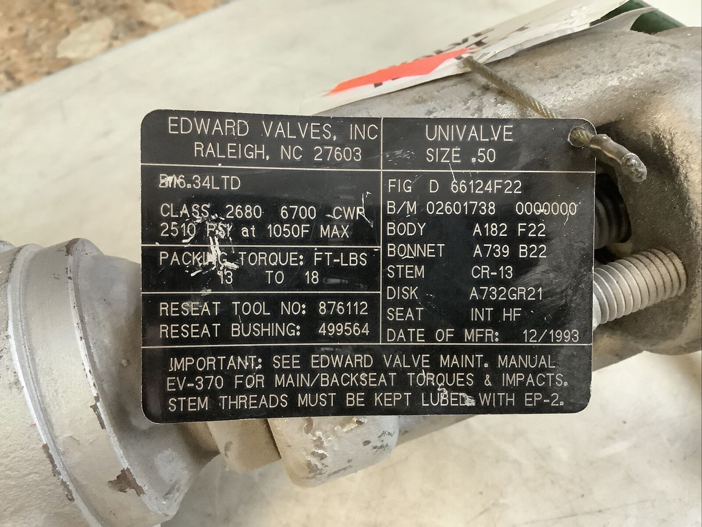 EDWARD VALVES D 66124F22 02601738 GLOBE VALVE .5IN 2510PSI 373