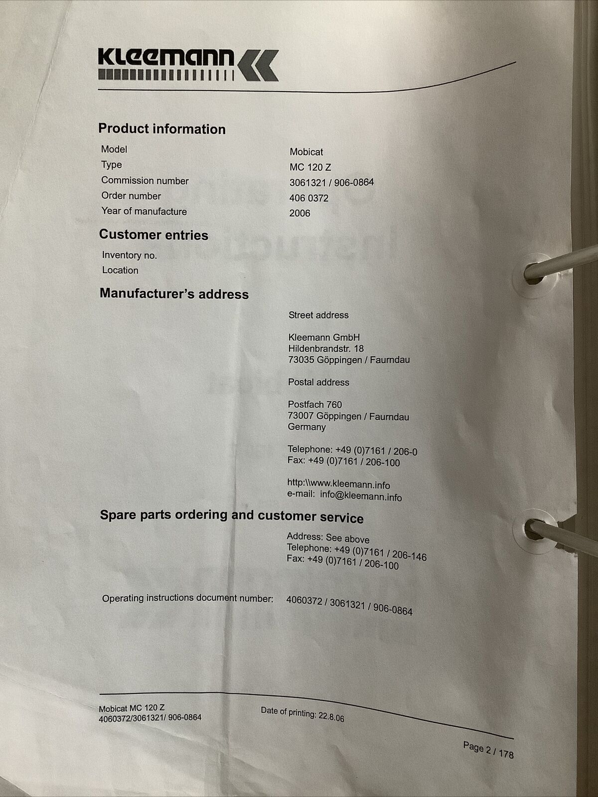 KLEEMANN MOBICAT MC 120 Z OPERATING INSTRUCTIONS B303