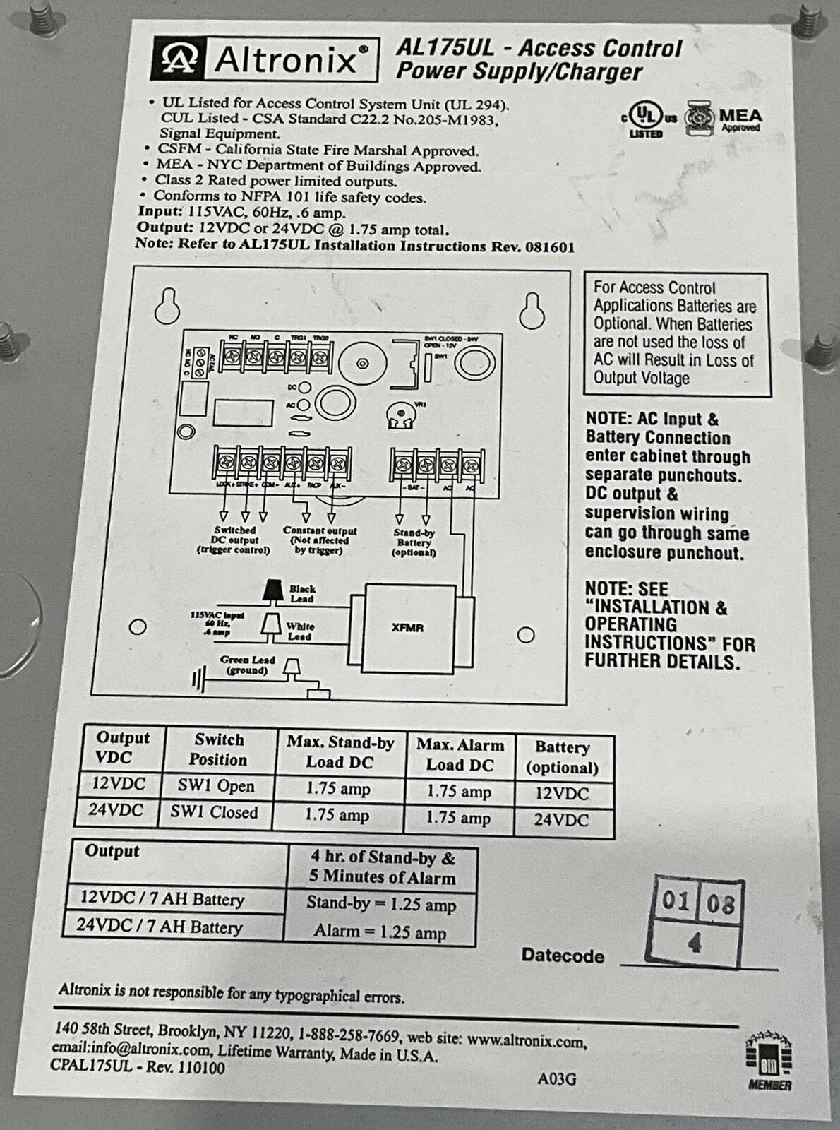 ALPHA OMEGA ALTRONIX AL175UL ACCESS CONTROL POWER SUPPLY/CHARGER 881