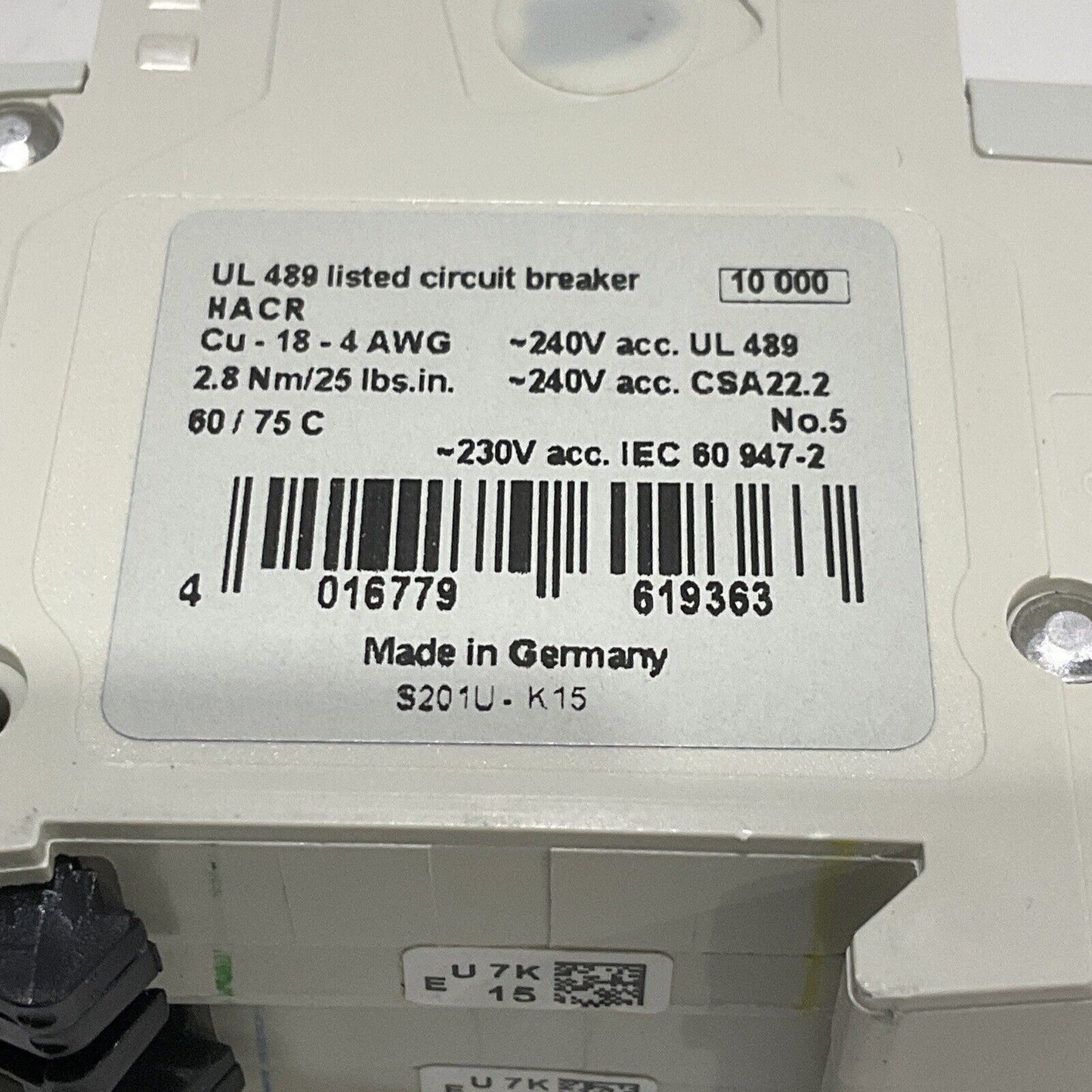 ABB S201U-K15 CIRCUIT BREAKER 15A 240VAC 1P UL489 LOT OF 3 U3S