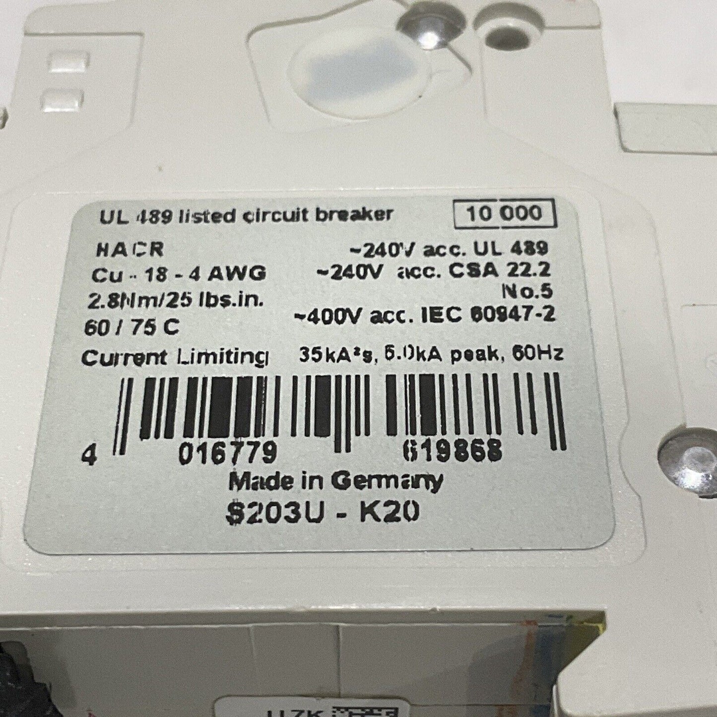 ABB S203U-K20 CIRCUIT BREAKER 3 POLE 50/60HZ U3S