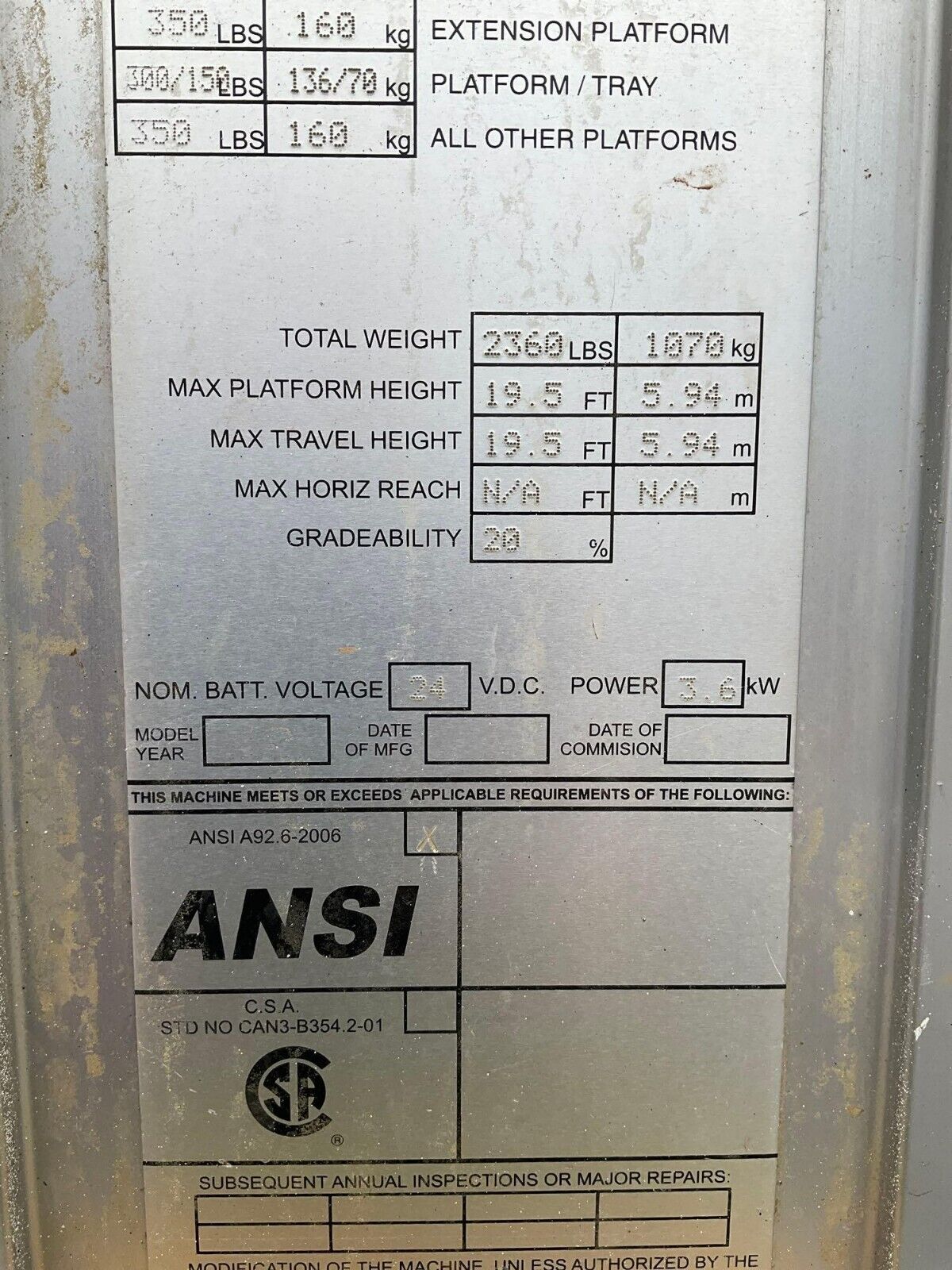 JLG MAN LIFT 20MVL ELECTRIC 24V APPROX MAX PLATFORM HEIGHT 20FT