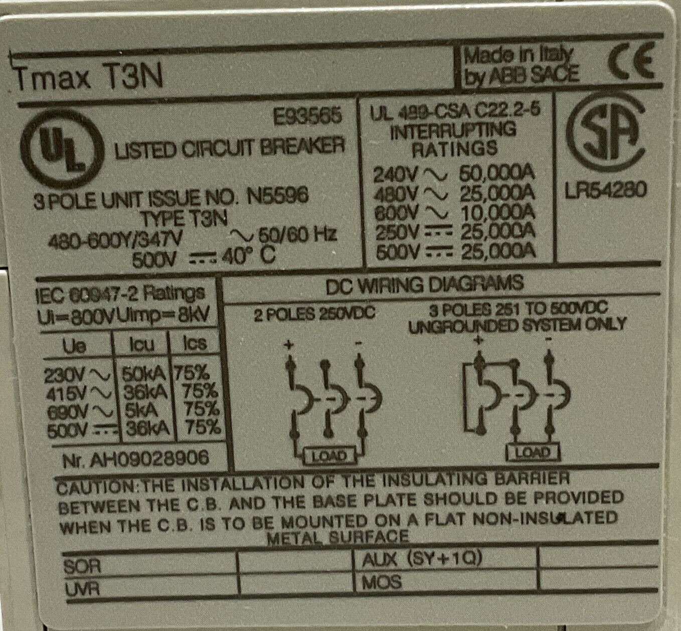 ABB T3N175TWA 175A CIRCUIT BREAKER U3S