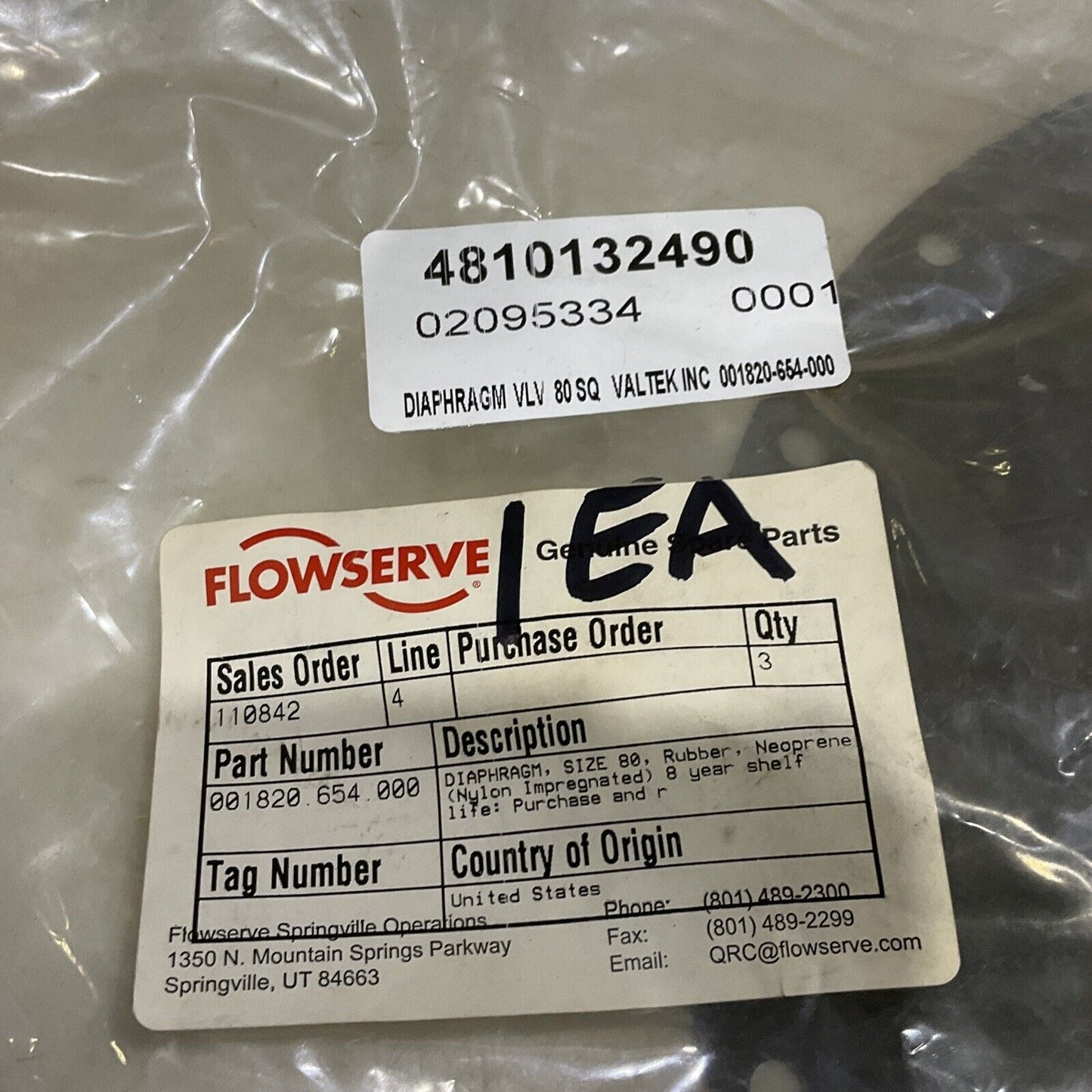 FLOWSERVE 001820.654.000 VALVE DIAPHRAGM SIZE 80 RUBBER 373