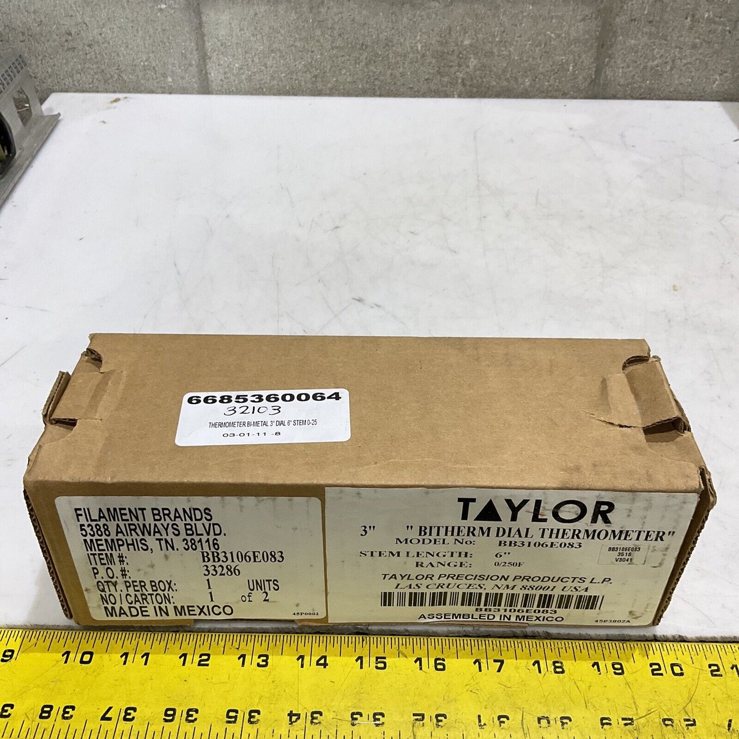 TAYLOR BB3106E083 BITHERM DIAL THERMOMETER 3” 6” 0/250F 373