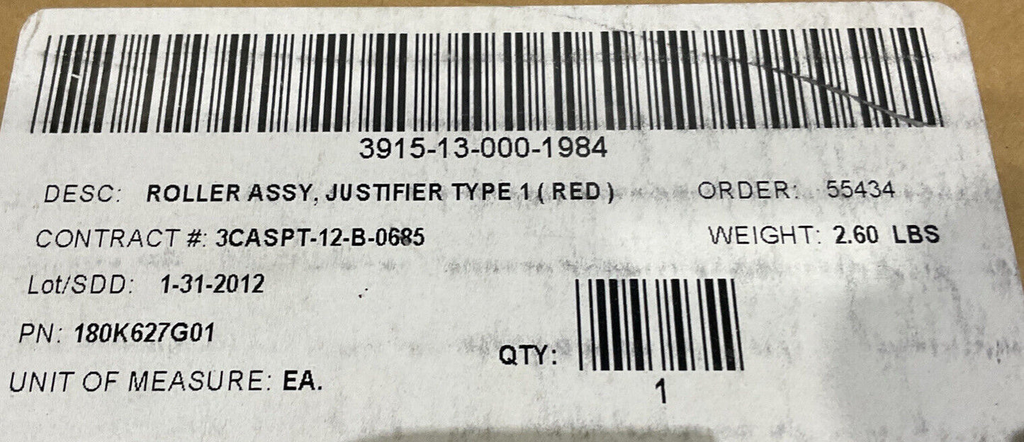 GENERAL 180K627G01 JUSTIFIER TYPE 1 RED ROLLER ASSEMBLY U3S