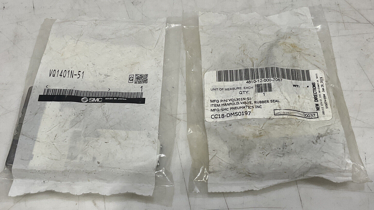 SMC VQ1401N-51/VQ1301N-51 RUBBER SEAL MANIFOLD VALVE LOT OF 2 U3S
