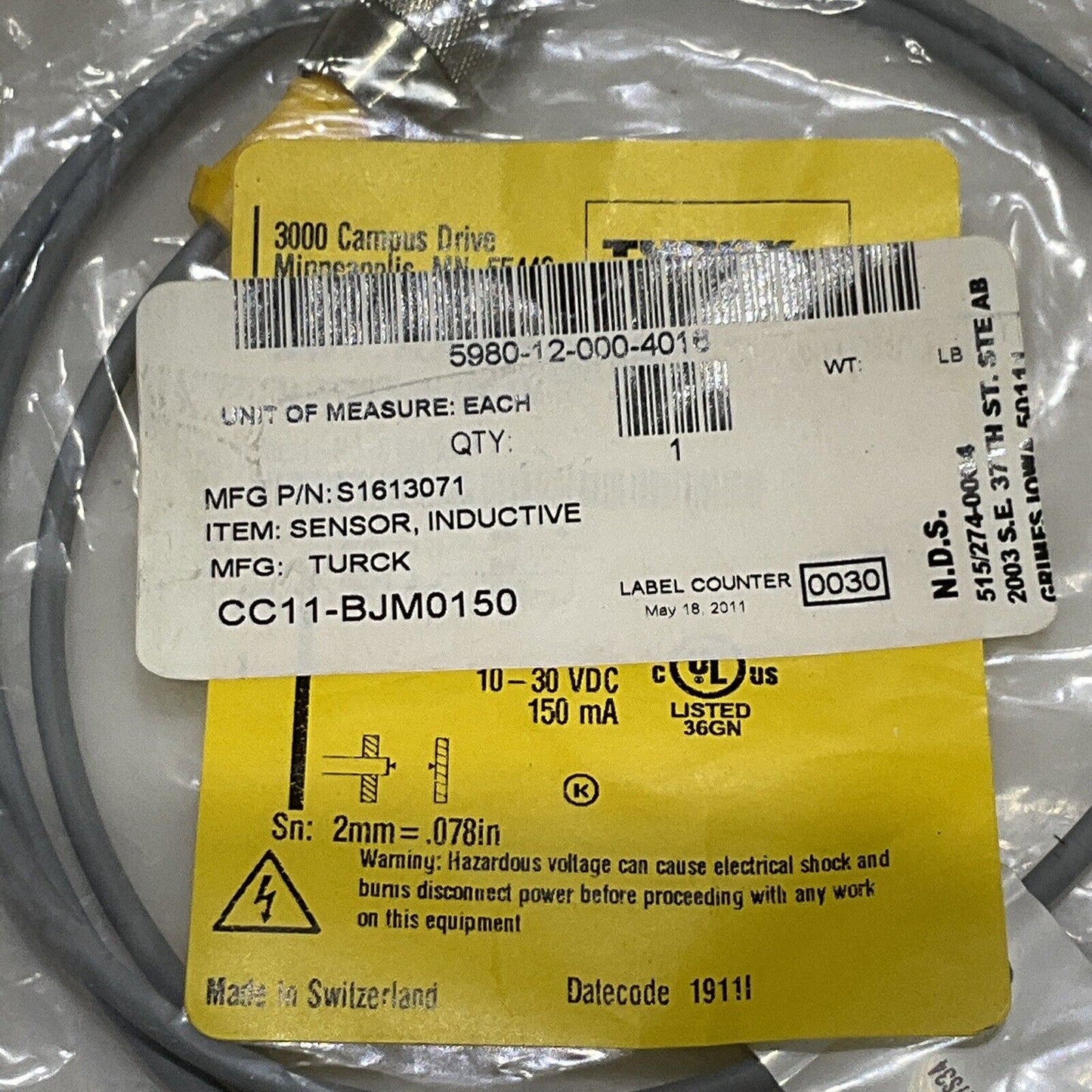 TURCK BI2-Q5,5-AP6X/S34 S1613071 INDUCTIVE SENSOR 10-30VDC U3S