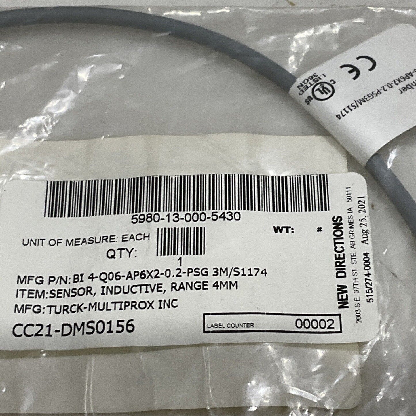 TURCK MULTIPROX BI4-Q06-AP6X2 INDUCTIVE SENSOR 4MM 0.2-PSG 3M S1174 200MA 30 U3S