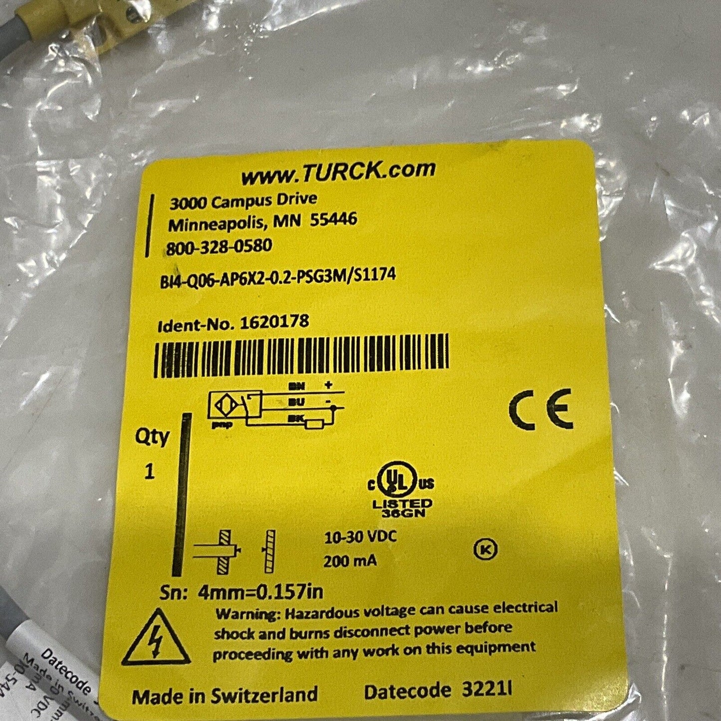 TURCK MULTIPROX BI4-Q06-AP6X2 INDUCTIVE SENSOR 4MM 0.2-PSG 3M S1174 200MA 30 U3S