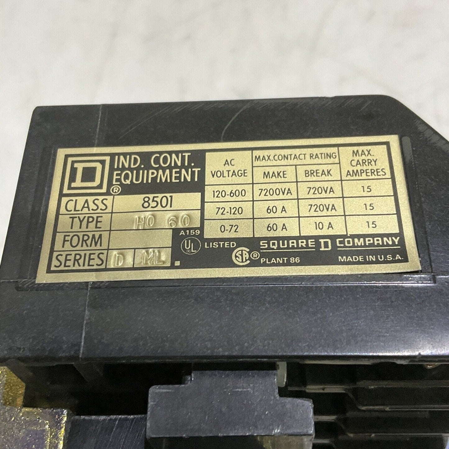 SQUARE D H0-60 AC CONTROL RELAY CLASS 8501 SERIES D 120-60/ 120-50 COIL 373