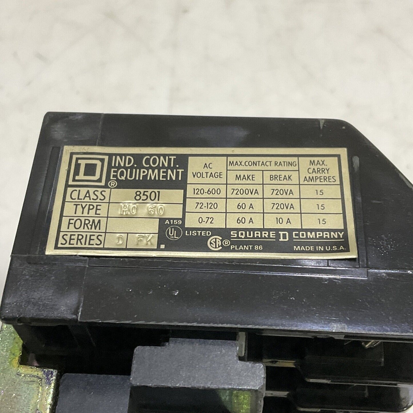 SQUARE D H0-60 AC CONTROL RELAY CLASS 8501 SERIES D 120-60/ 120-50 COIL 373
