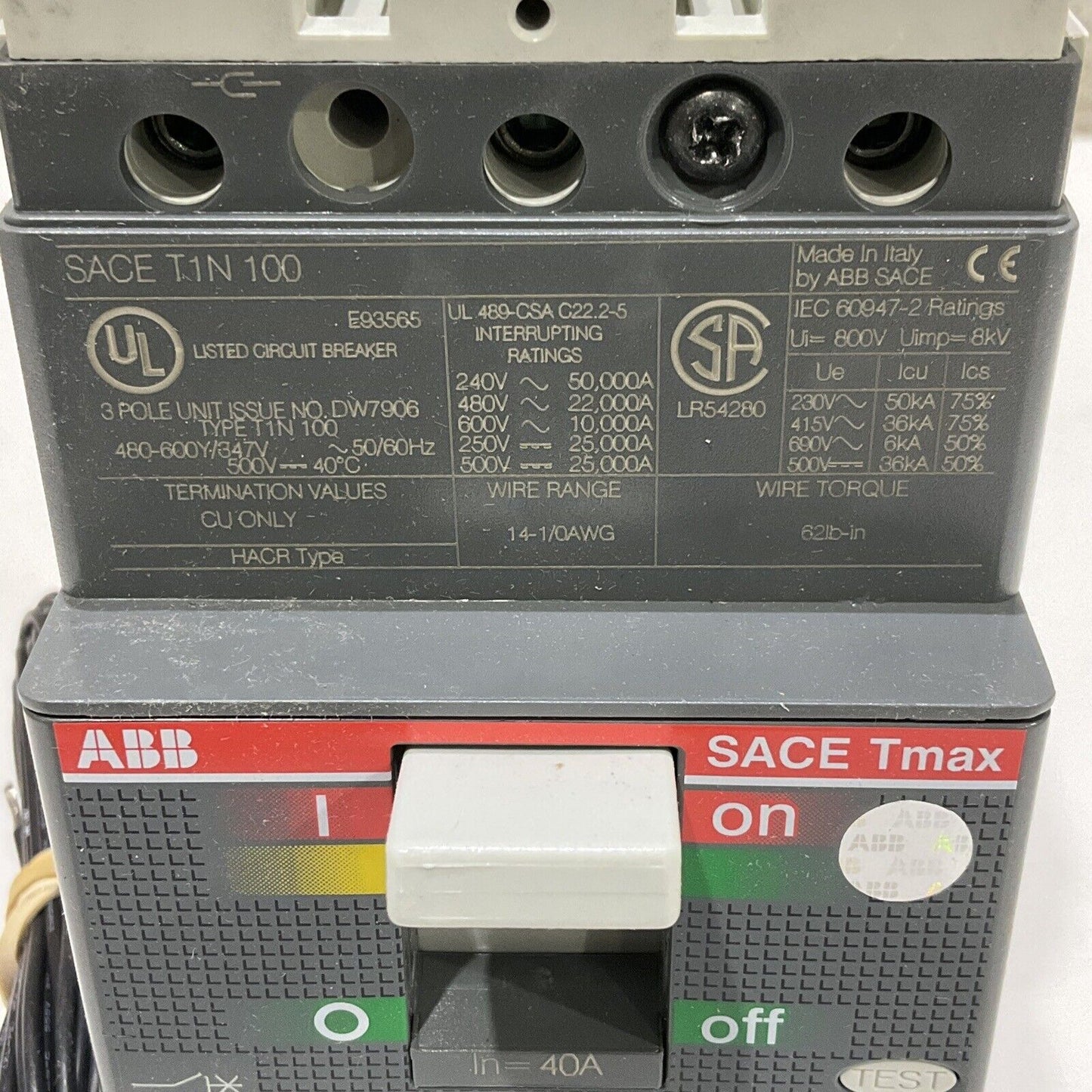 ABB SACE T1N 100 TMAX T1 N 100 CIRCUIT BREAKER 40A 3P U3S